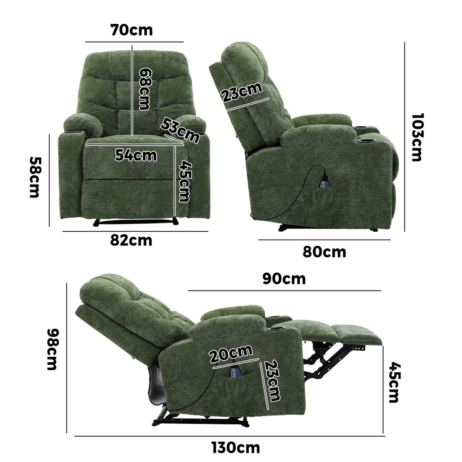 Oikiture Recliner Chair Electric Massage Chair Lounge Heated Polyester Green