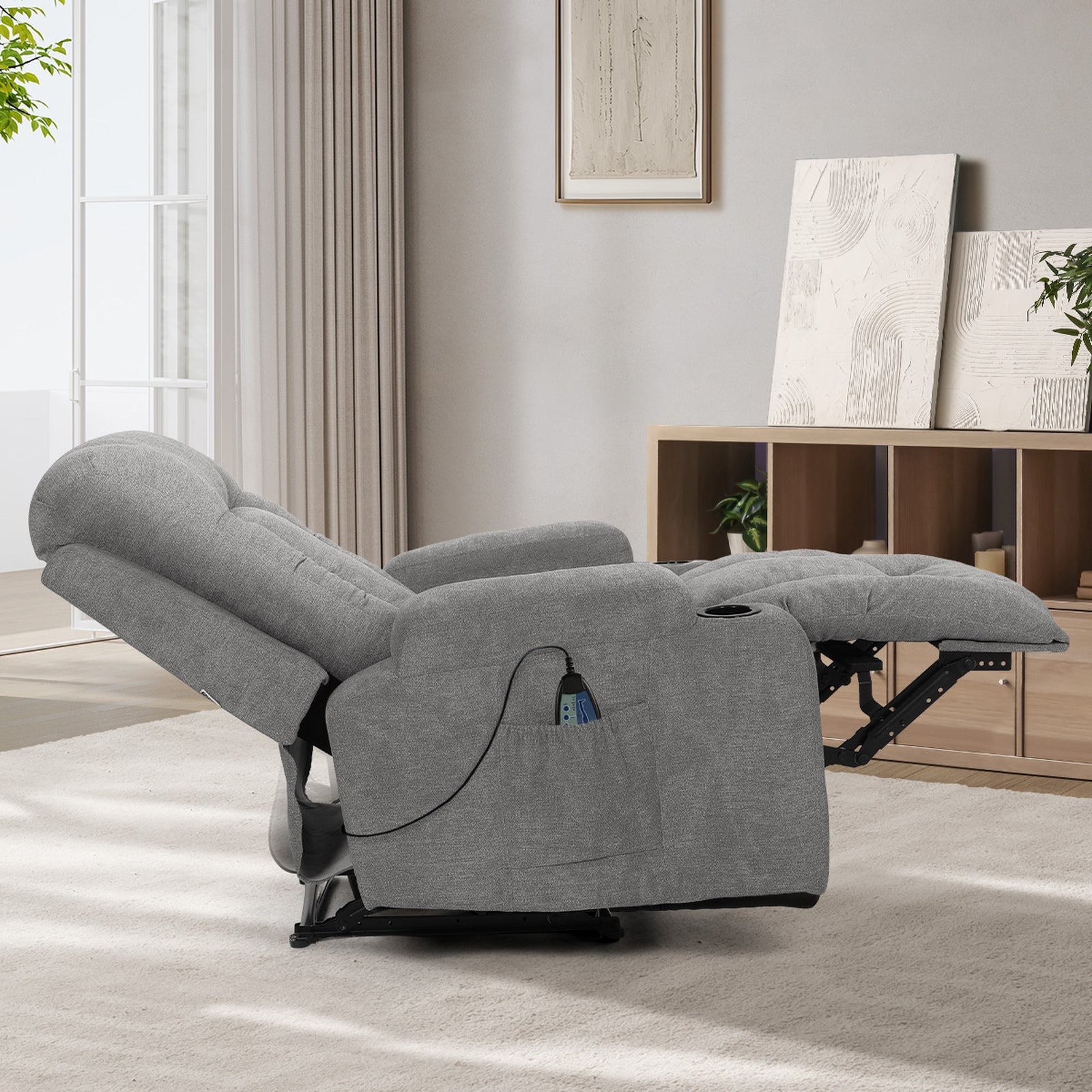 Oikiture Recliner Chair Heated Massage Armchair Lounge Sofa Polyester Grey