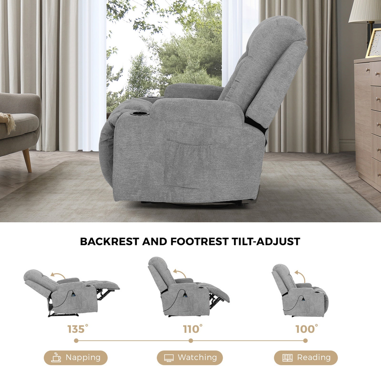 Oikiture Recliner Chair Heated Massage Armchair Lounge Sofa Polyester Grey