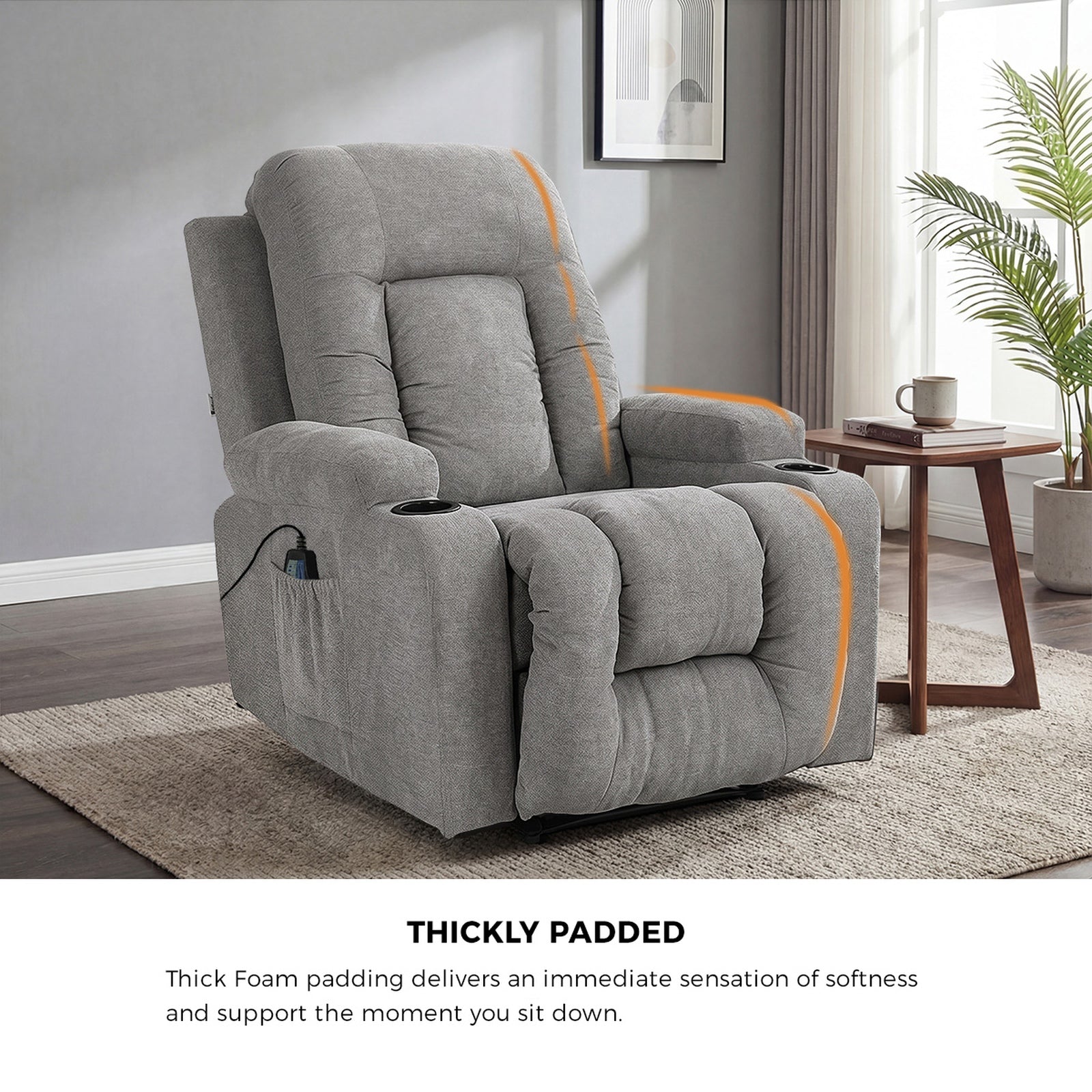 Oikiture Recliner Chair Heated Massage Armchair Lounge Sofa Polyester Grey