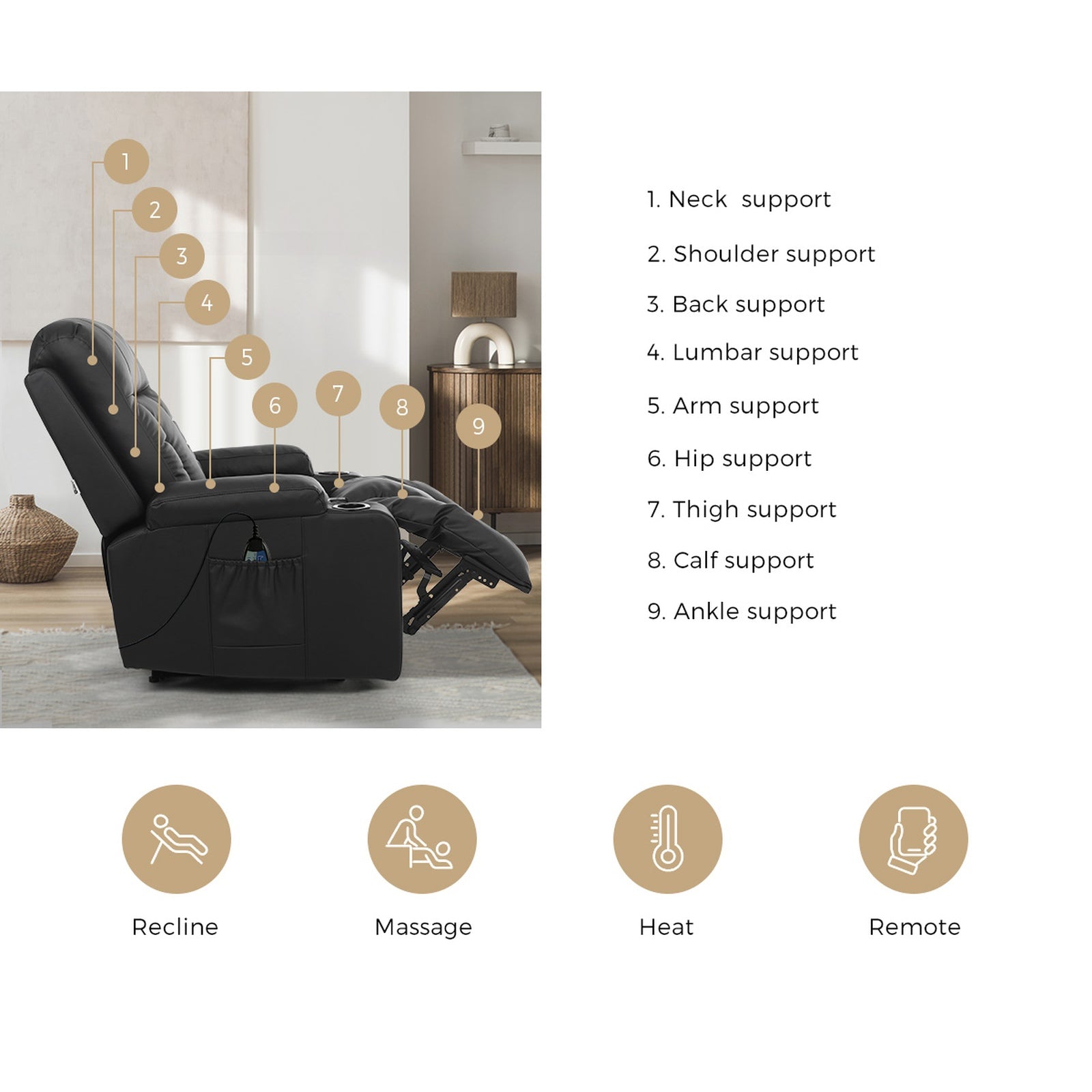 Oikiture Recliner Chair Heated Massage Armchair Lounge Sofa