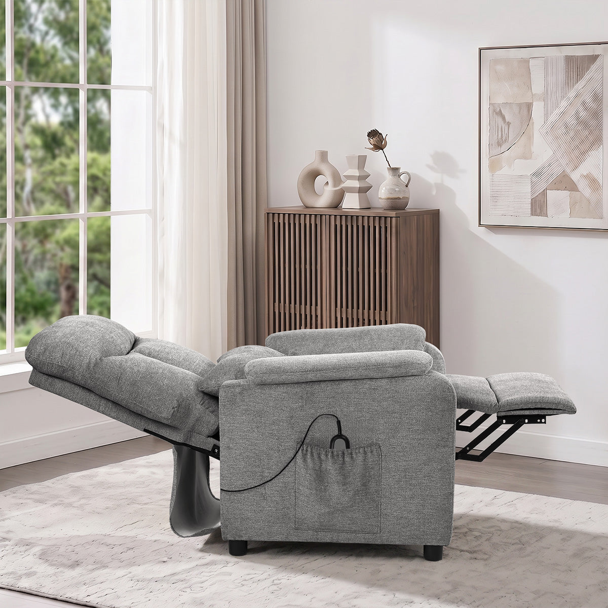 Oikiture Recliner Chair Adjustable Fabric Lounge Sofa Armchair Polyester Grey