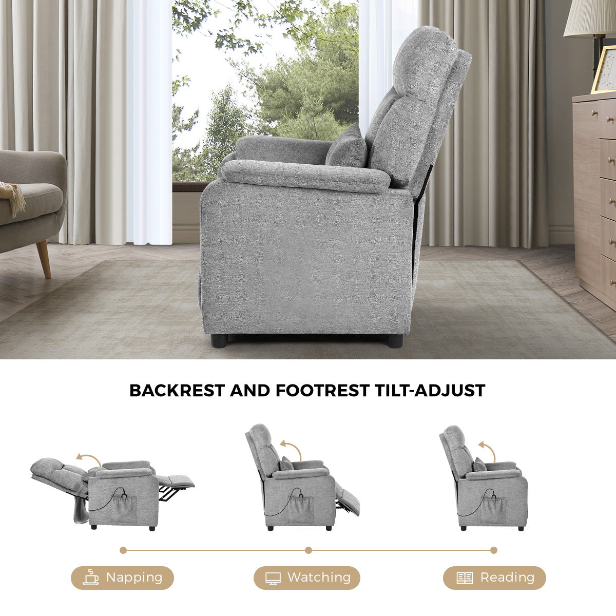 Oikiture Recliner Chair Adjustable Fabric Lounge Sofa Armchair Polyester Grey