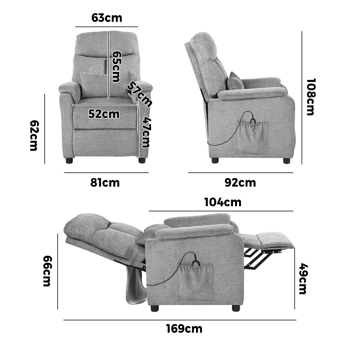 Oikiture Recliner Chair Adjustable Fabric Lounge Sofa Armchair Polyester Grey