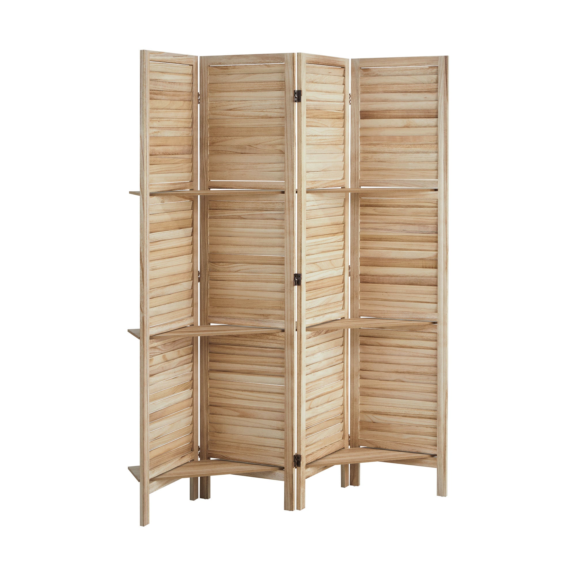 Oikiture 4 Panel Room Divider Privacy Screen With Shelves Timber Wooden Natural - Sunyee