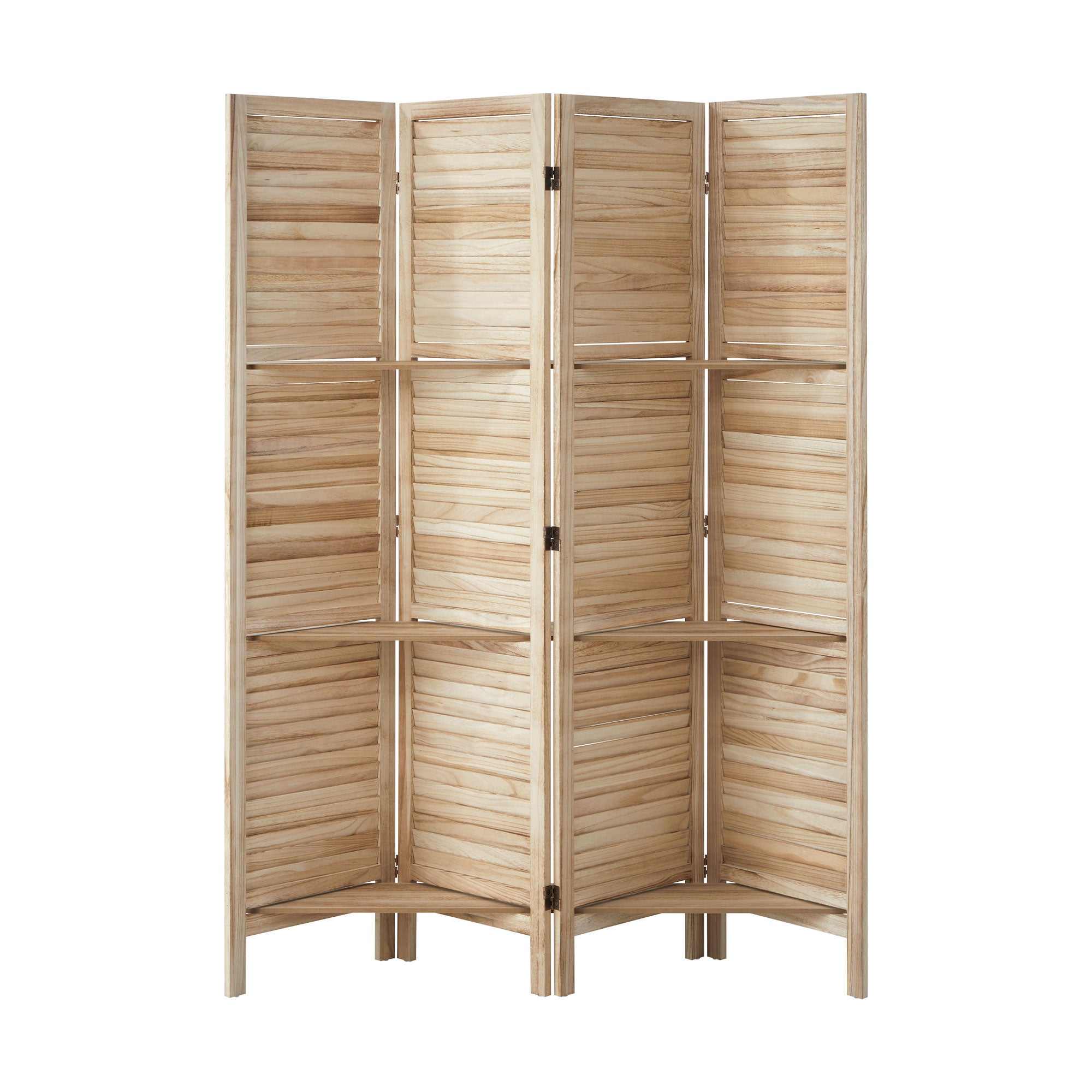 Oikiture 4 Panel Room Divider Privacy Screen With Shelves Timber Wooden Natural - Sunyee