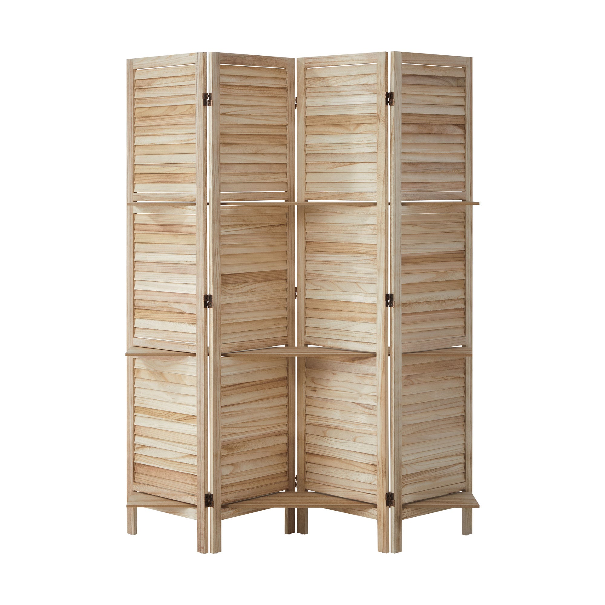 Oikiture 4 Panel Room Divider Privacy Screen With Shelves Timber Wooden Natural - Sunyee