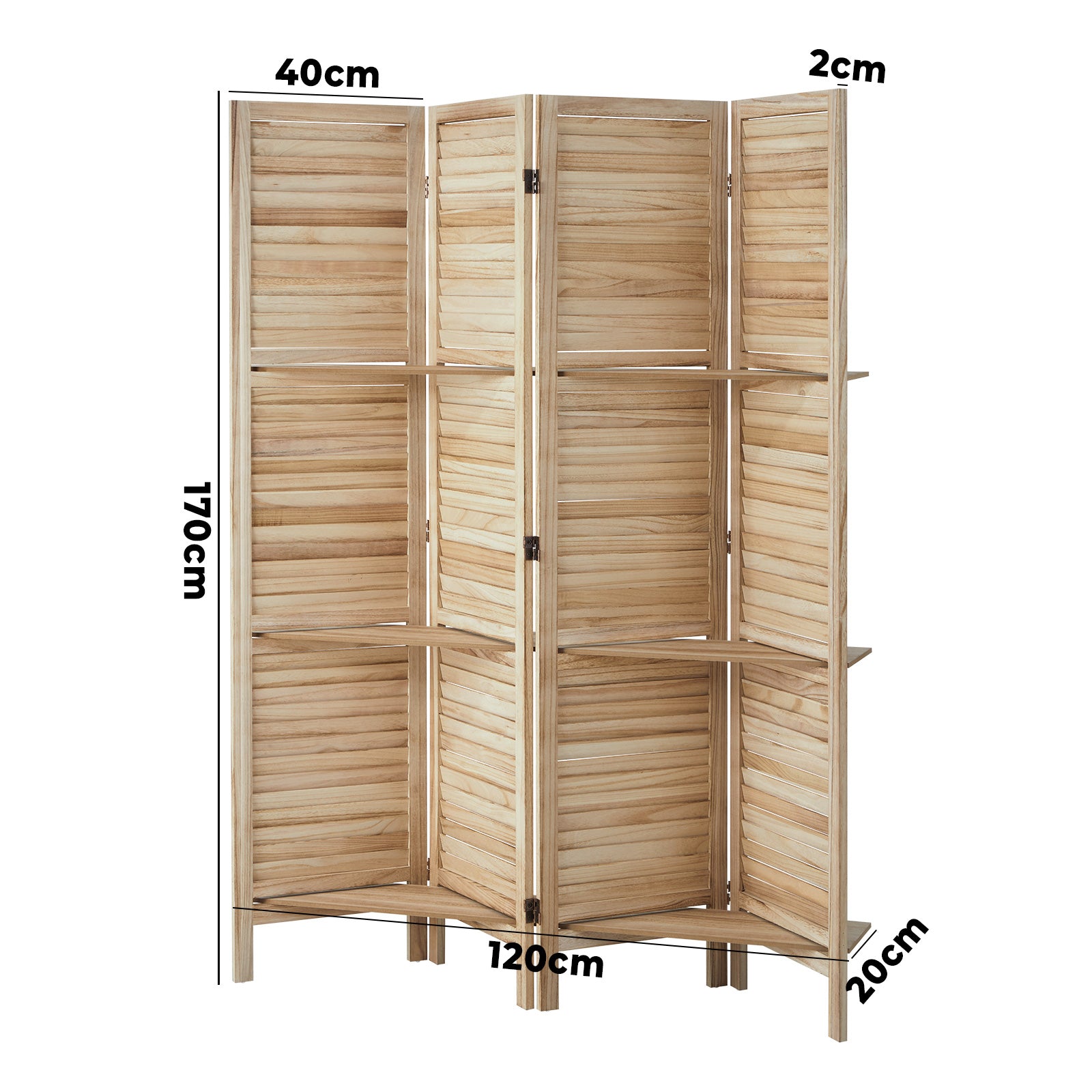 Oikiture 4 Panel Room Divider Privacy Screen With Shelves Timber Wooden Natural - Sunyee