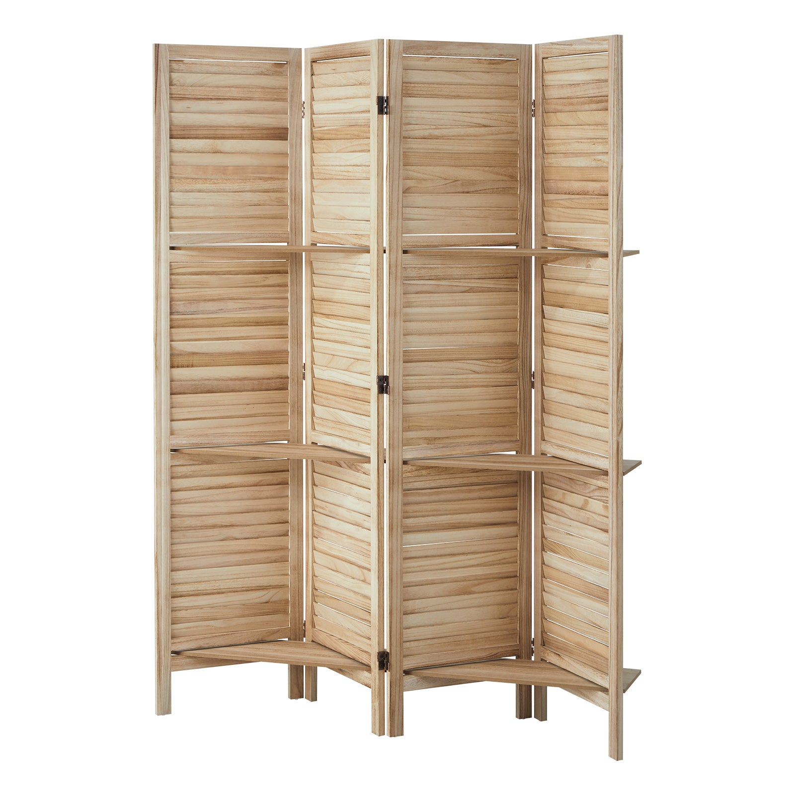 Oikiture 4 Panel Room Divider Privacy Screen With Shelves Timber Wooden Natural - Sunyee