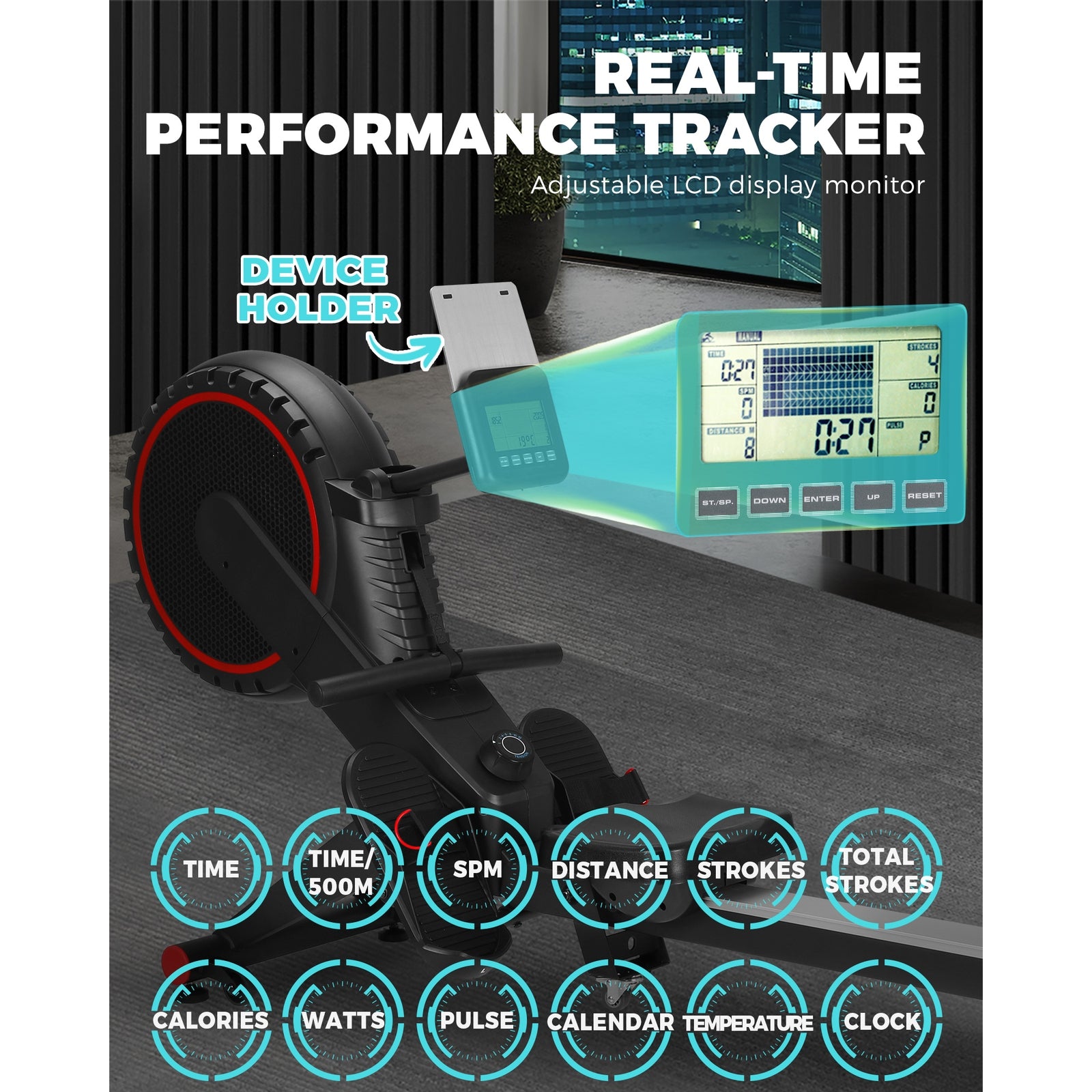 Finex Rowing Machine Rower Air Resistance Home Gym Fitness Foldable LCD Monitor - Sunyee