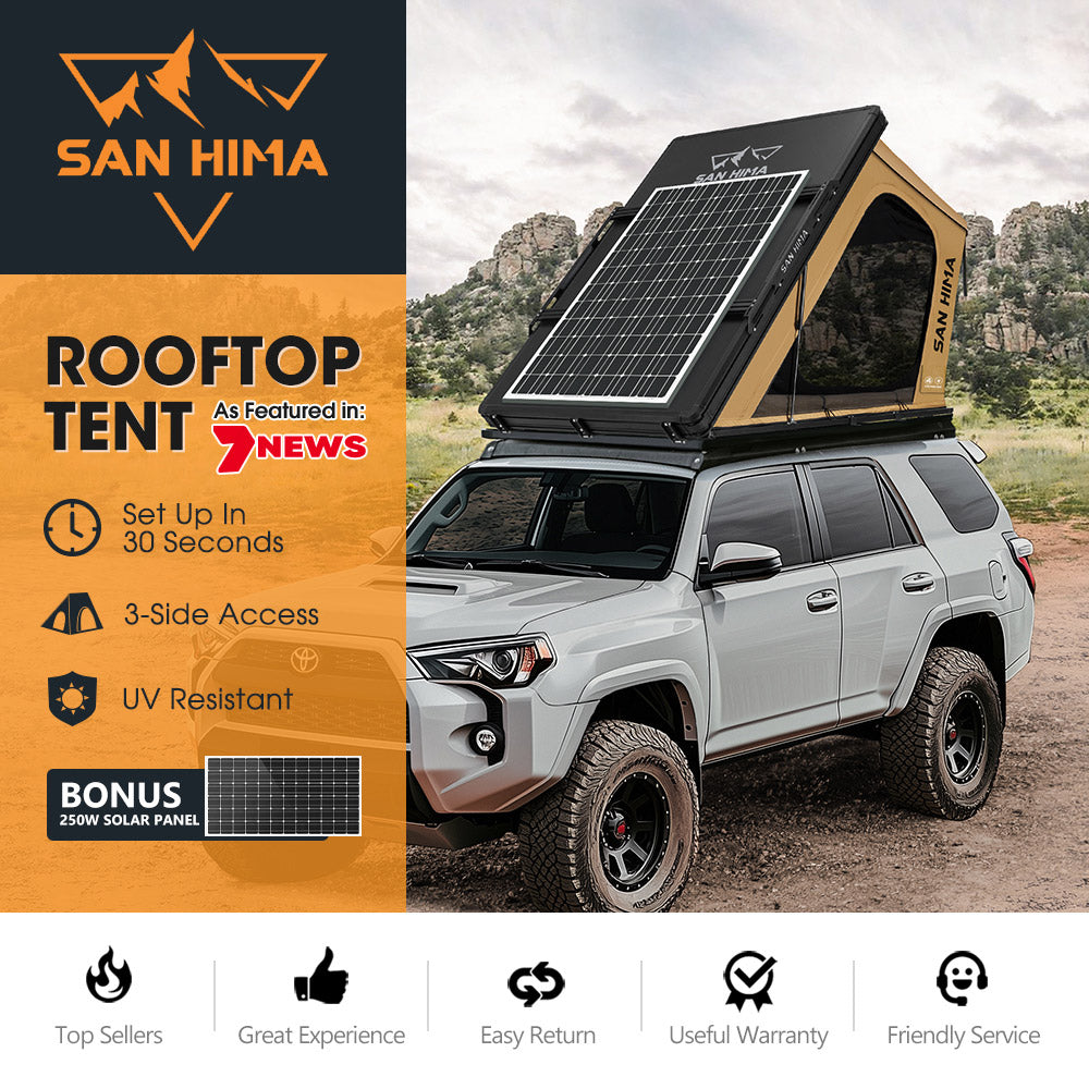 San Hima Kalbarri Gen 2 Roof Top Tent Hardshell Khaki + 250W Solar Panel - Sunyee