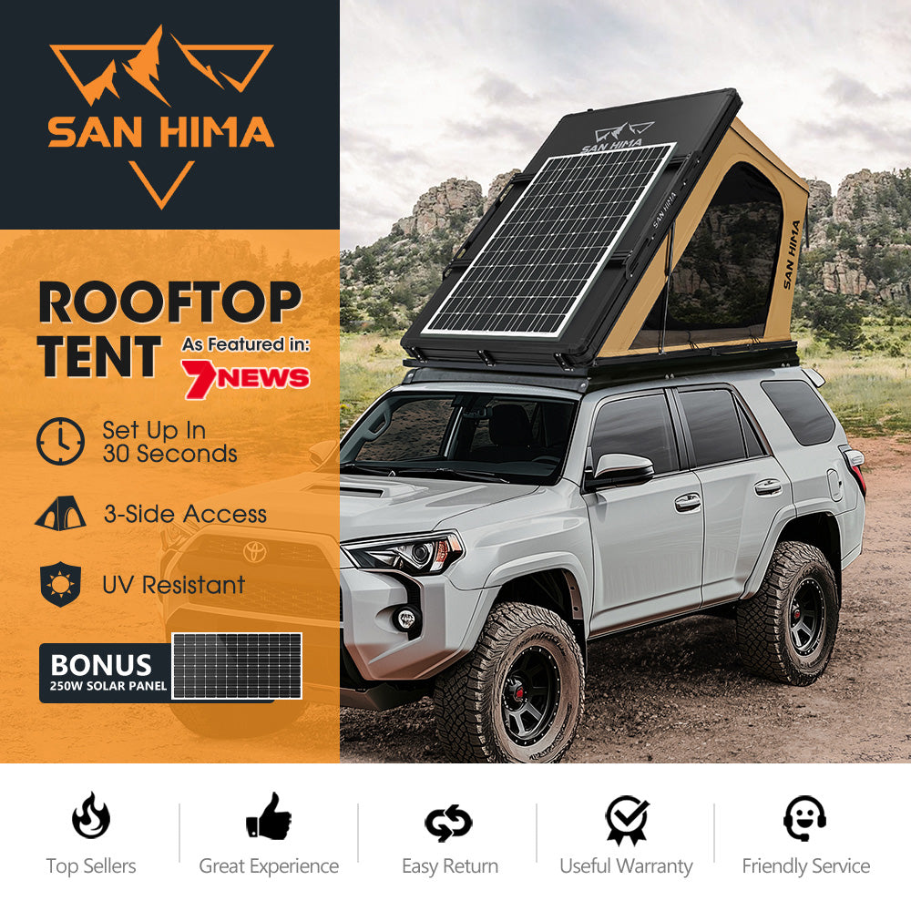 San Hima Kalbarri Gen 2 Roof Top Tent Hardshell Khaki + 250W Solar Panel - Sunyee
