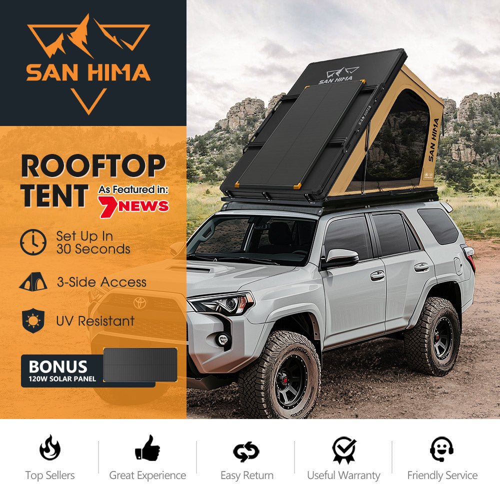 San Hima Kalbarri Gen 2 Roof Top Tent Hardshell Khaki + 120W Solar Panel - Sunyee