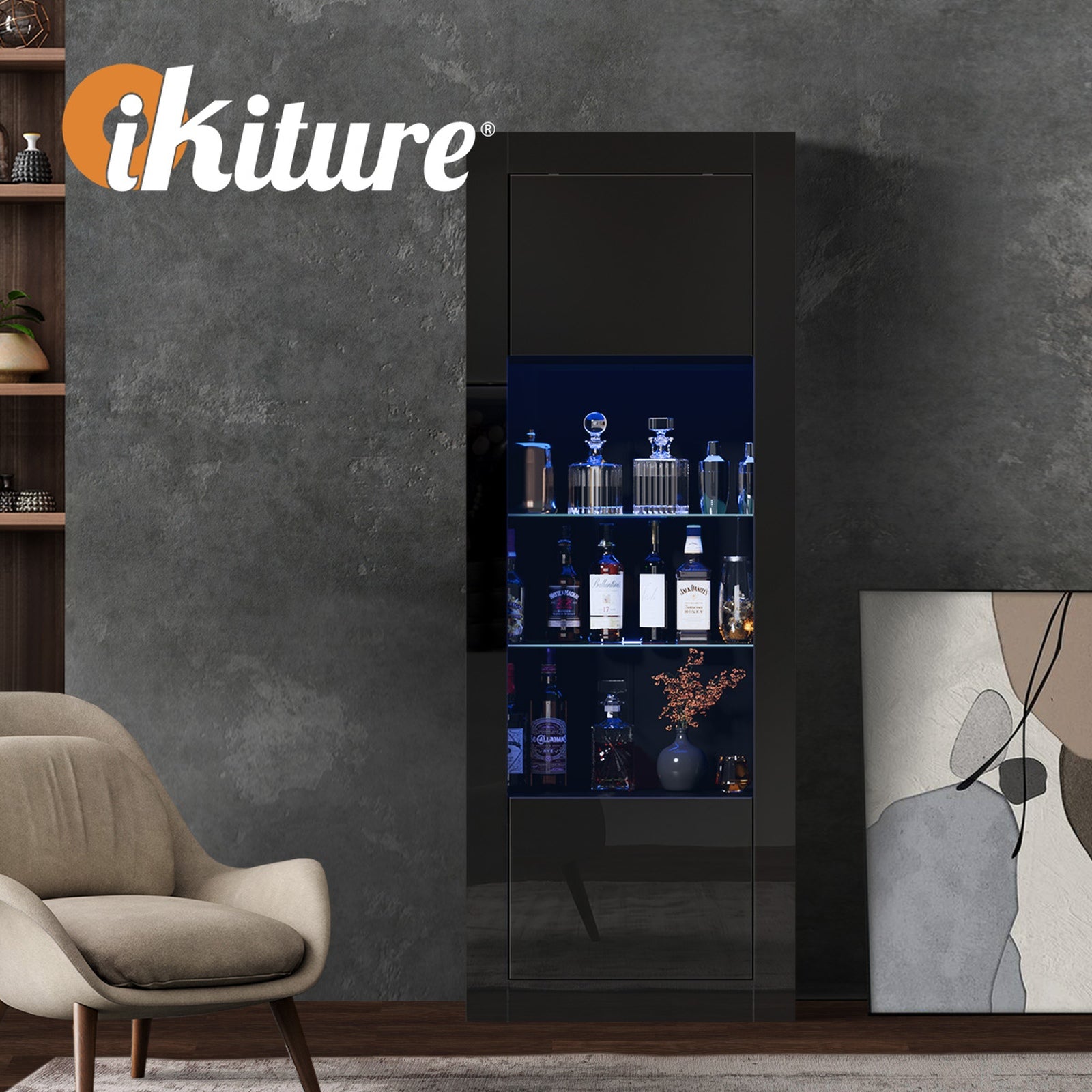 Oikiture Display Cabinet Buffet Sideboard Storage Cupboard LED Light 170cm Black
