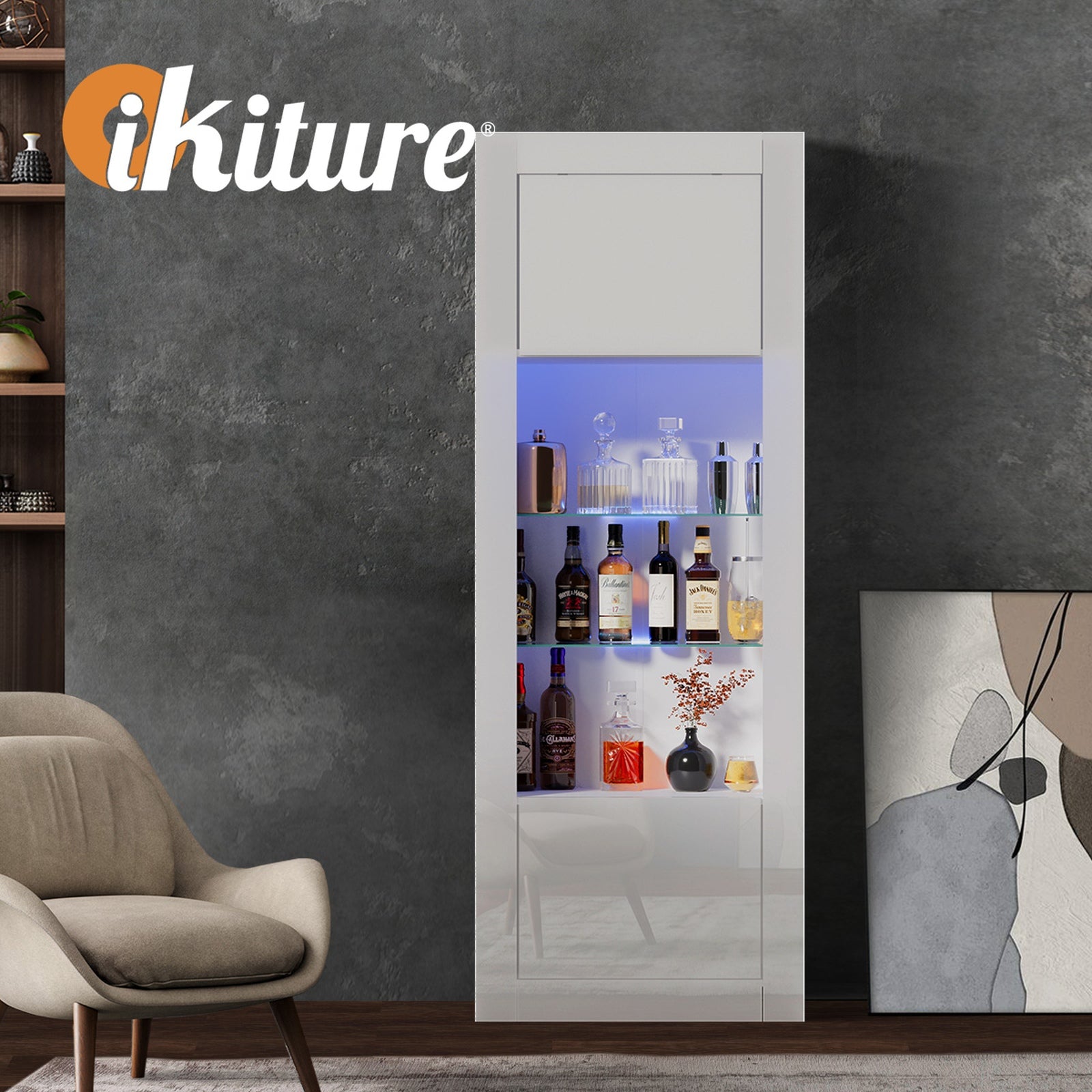 Oikiture 2PCS Display Cabinet Sideboard Buffet Storage Cupboard LED Light White