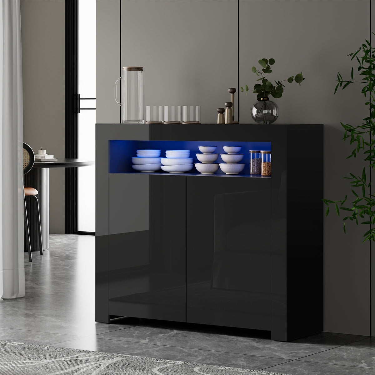 Oikiture Buffet Sideboard Storage Cabinet LED RGB High Gloss 2 Doors Black - Sunyee