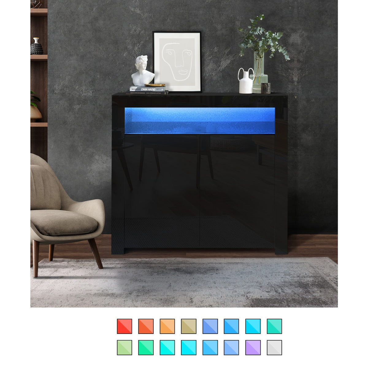 Oikiture Buffet Sideboard Storage Cabinet LED RGB High Gloss 2 Doors Black - Sunyee