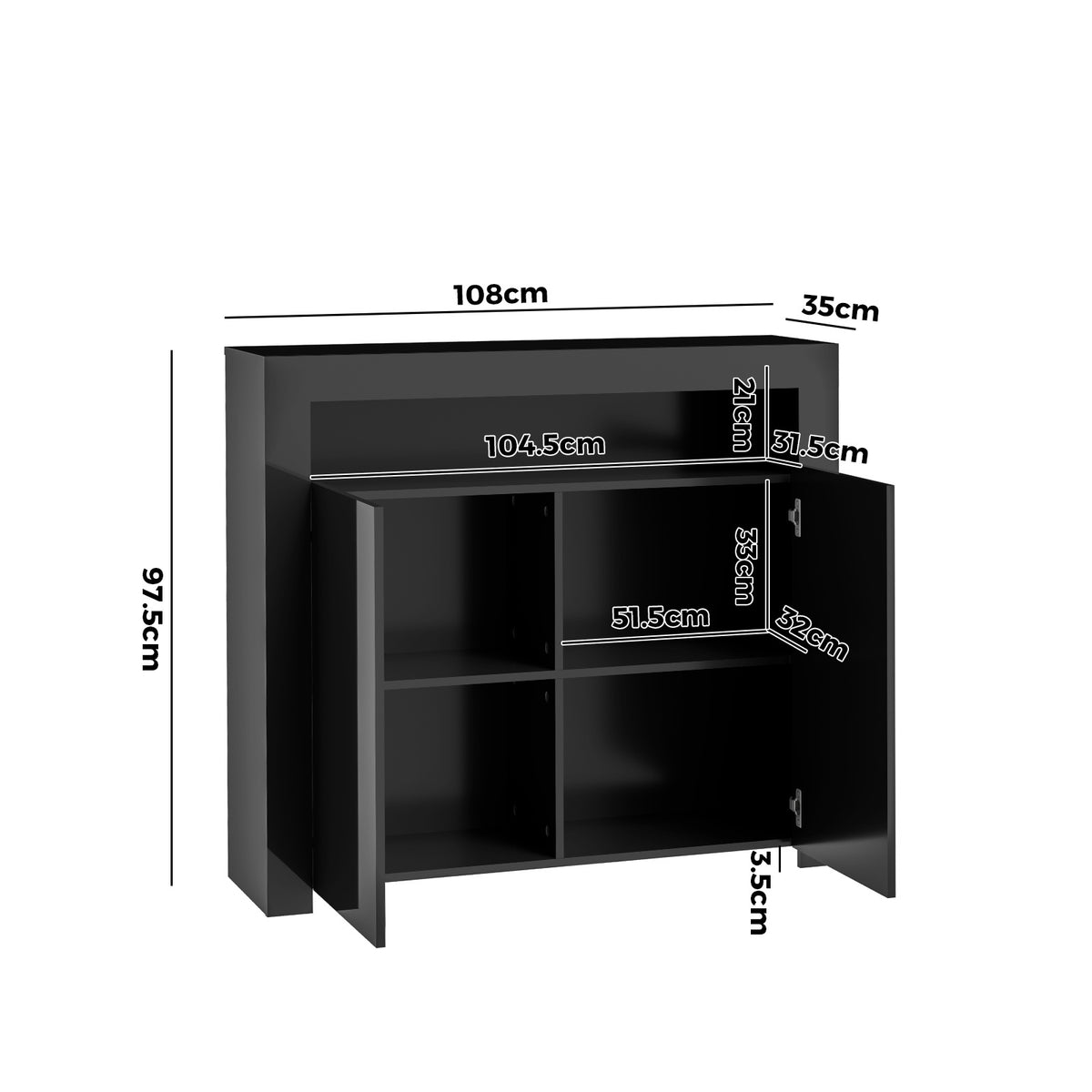 Oikiture Buffet Sideboard Storage Cabinet LED RGB High Gloss 2 Doors Black - Sunyee