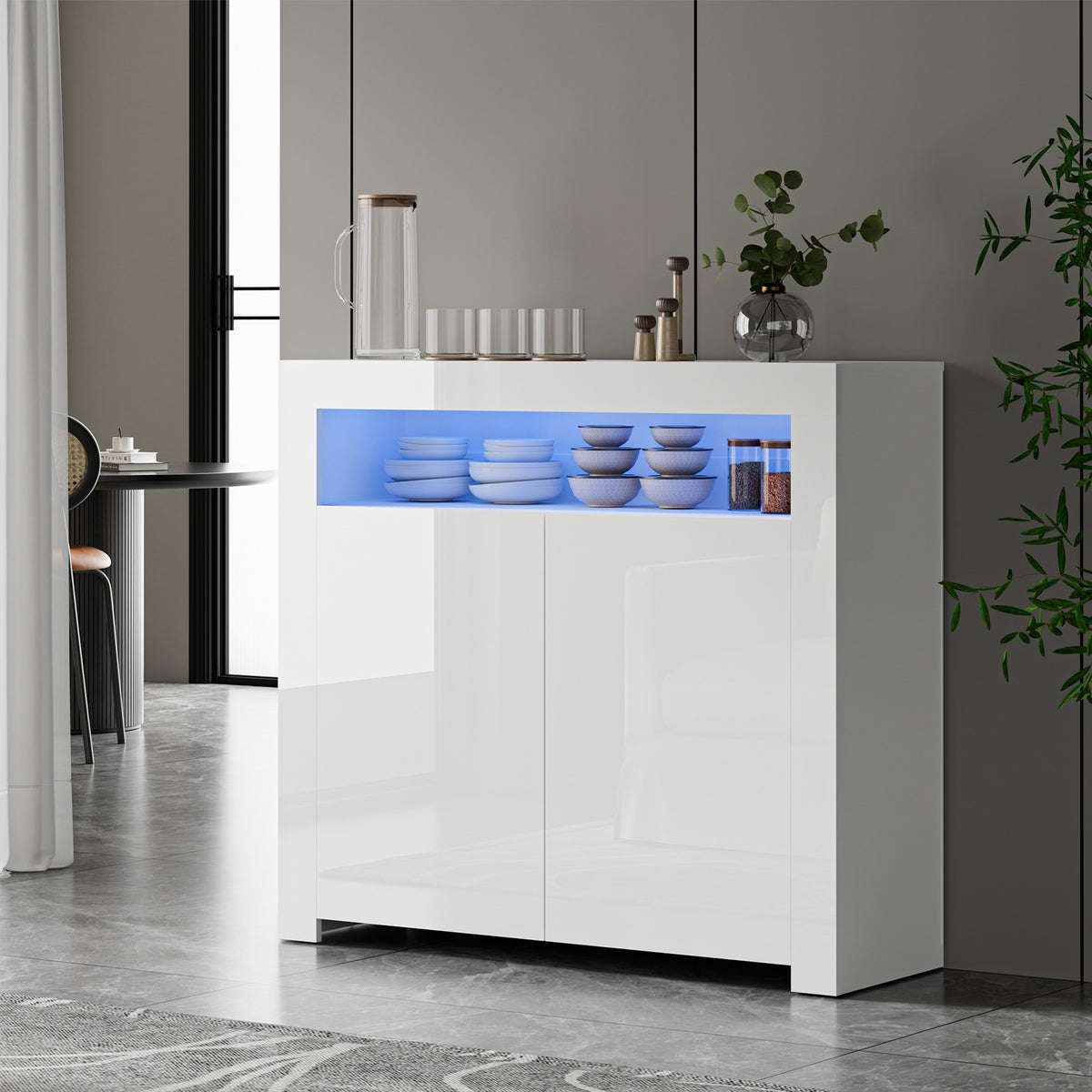 Oikiture Buffet Sideboard Storage Cabinet LED RGB High Gloss 2 Doors White - Sunyee