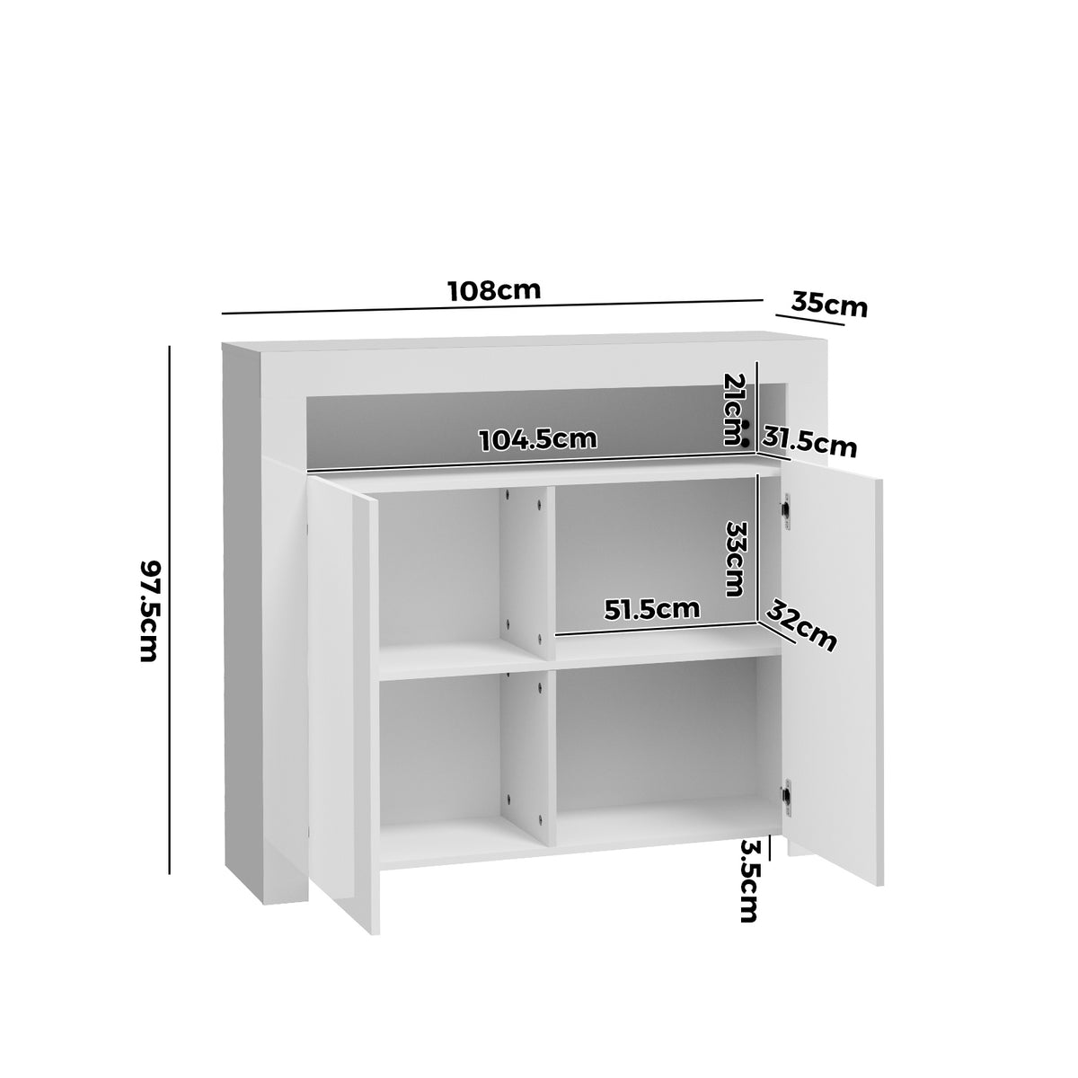 Oikiture Buffet Sideboard Storage Cabinet LED RGB High Gloss 2 Doors White - Sunyee