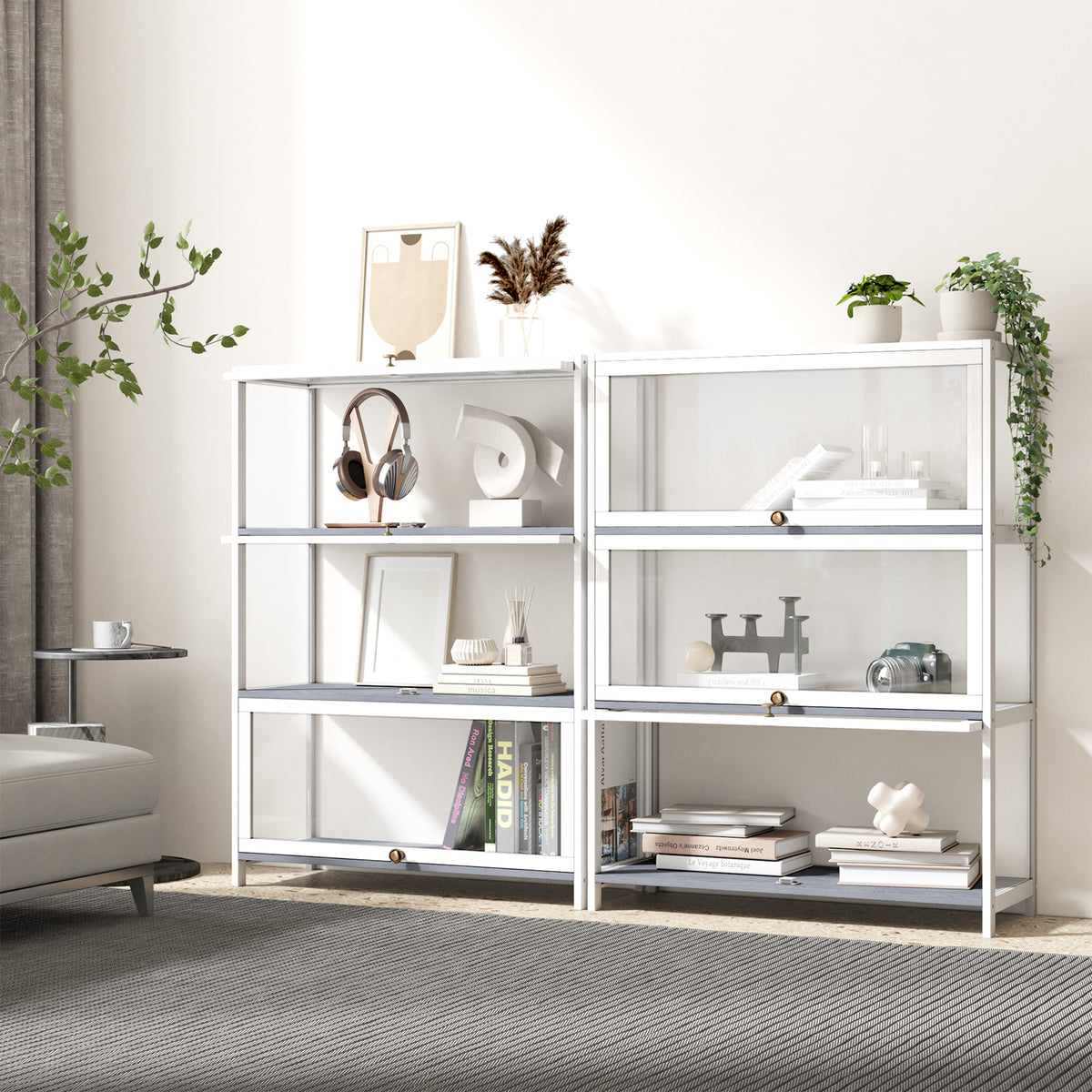 Oikiture Display Cabinet With Bamboo Frame Acrylic Board 3 shelves Whi