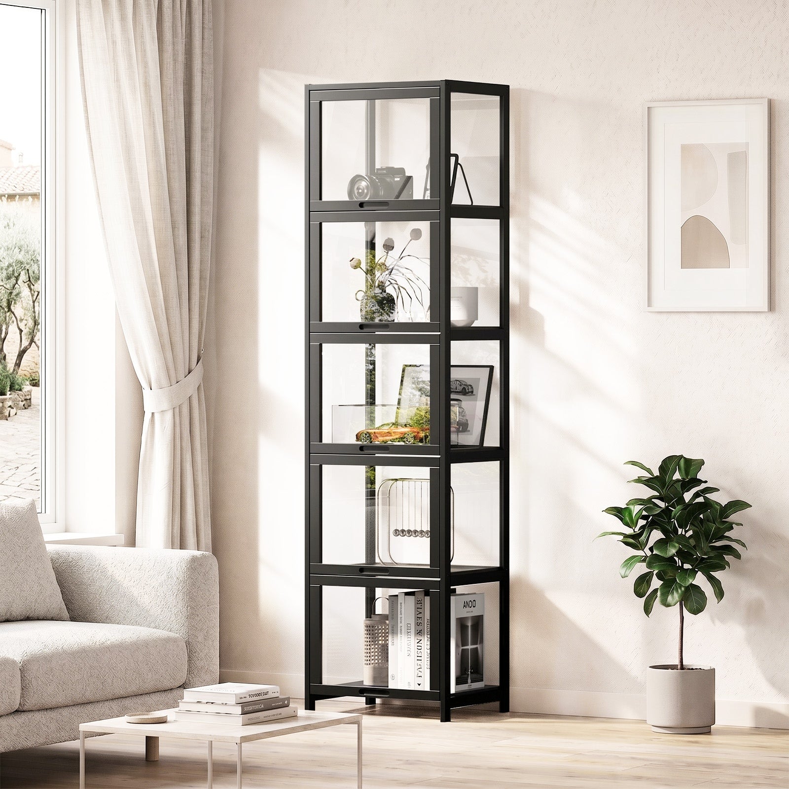 Oikiture Display Cabinet Storage 5-Tier Shelves Bookcase Clear Stand Rack
