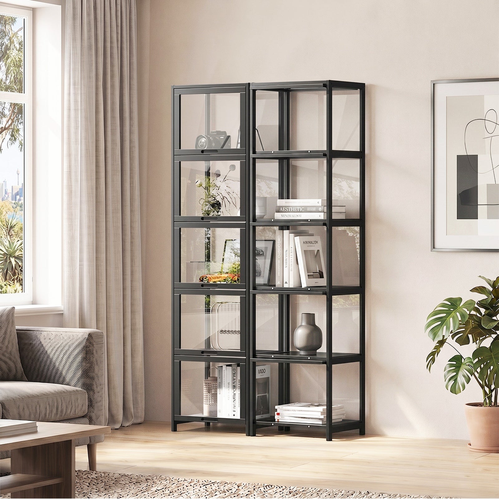 Oikiture Display Cabinet Storage 5-Tier Shelves Bookcase Clear Stand Rack Black