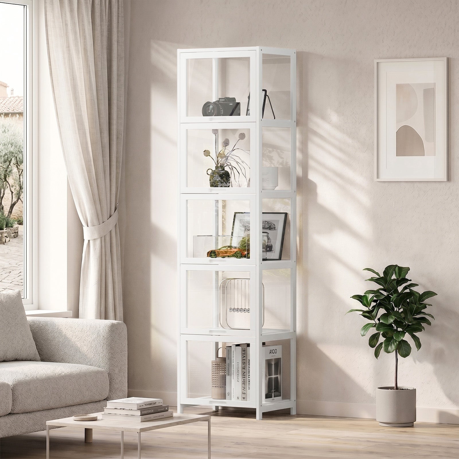 Oikiture Display Cabinet Storage 5-Tier Shelves Bookcase Clear Stand Rack