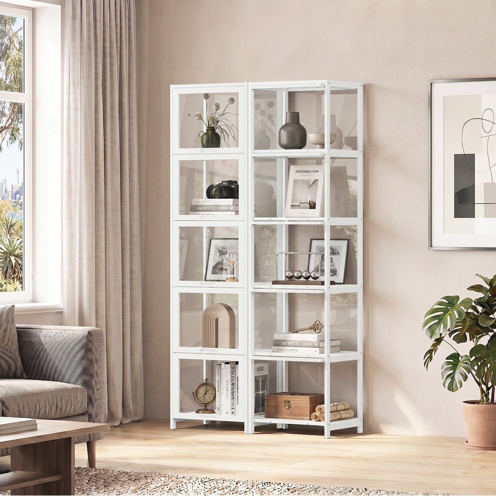 Oikiture Display Cabinet Storage 5-Tier Shelves Bookcase Clear Stand Rack White