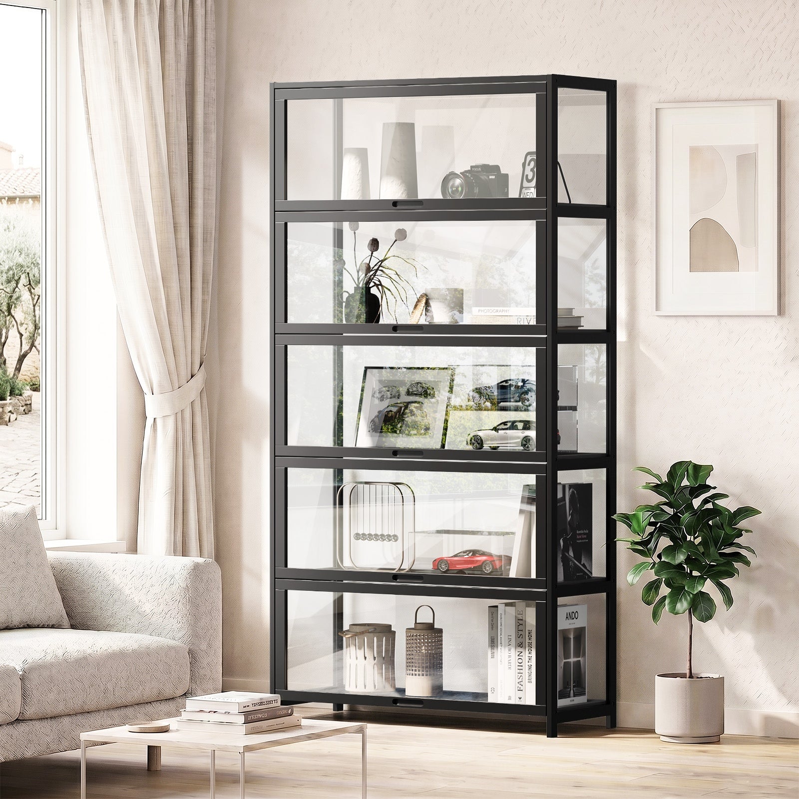 Oikiture Display Cabinet Storage 5-Tier Shelves Tall Clear Bookcase Rack