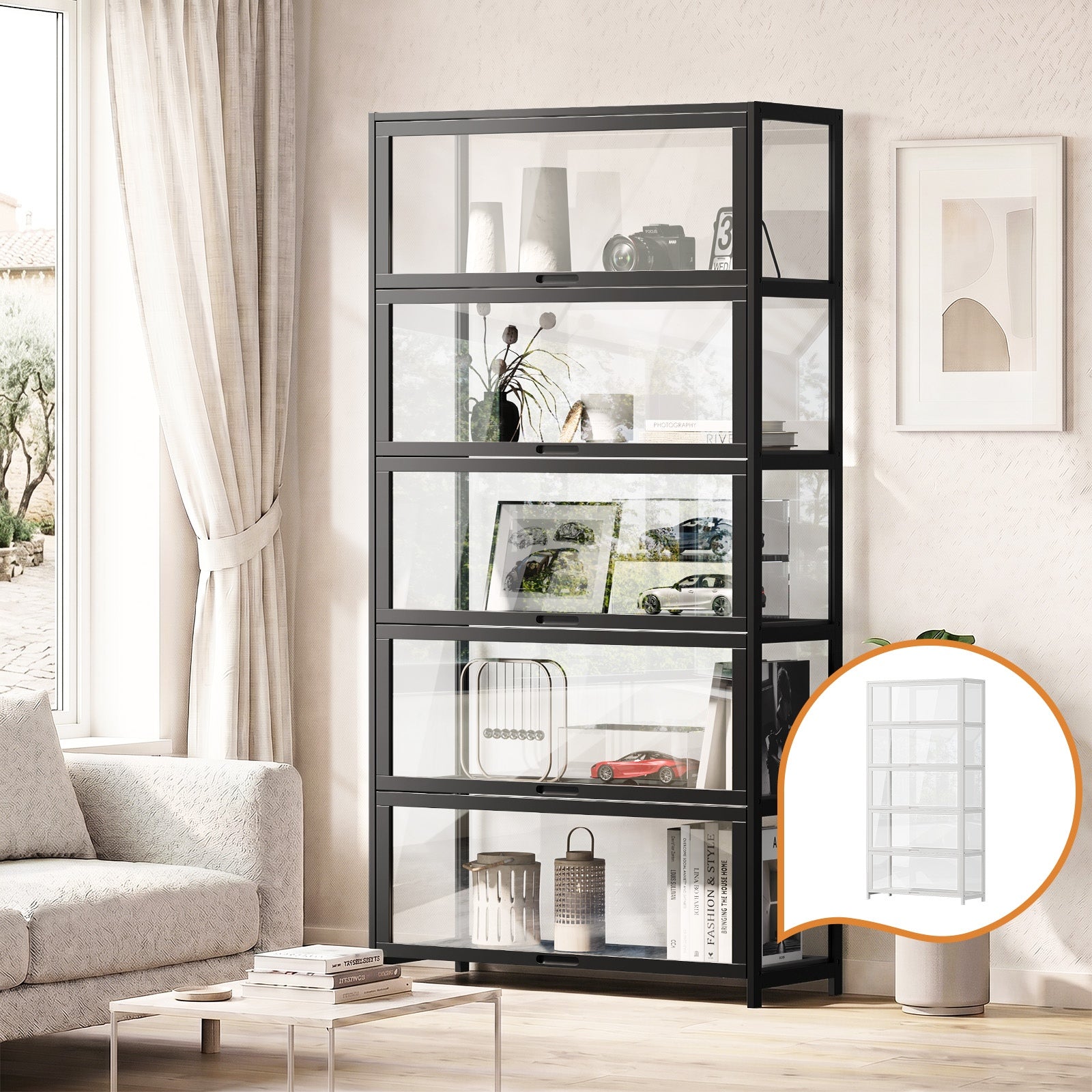Oikiture Display Cabinet Storage 5-Tier Shelves Tall Clear Bookcase Rack