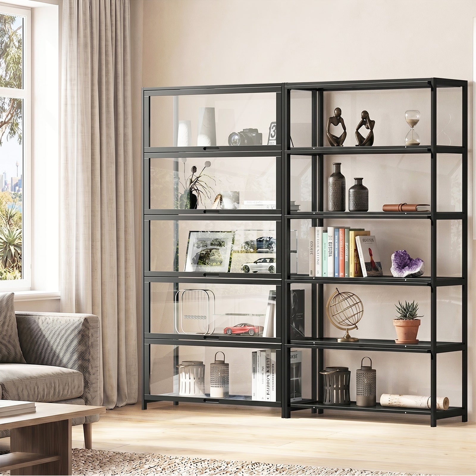 Oikiture Display Cabinet Storage 5-Tier Shelves Tall Clear Bookcase Rack
