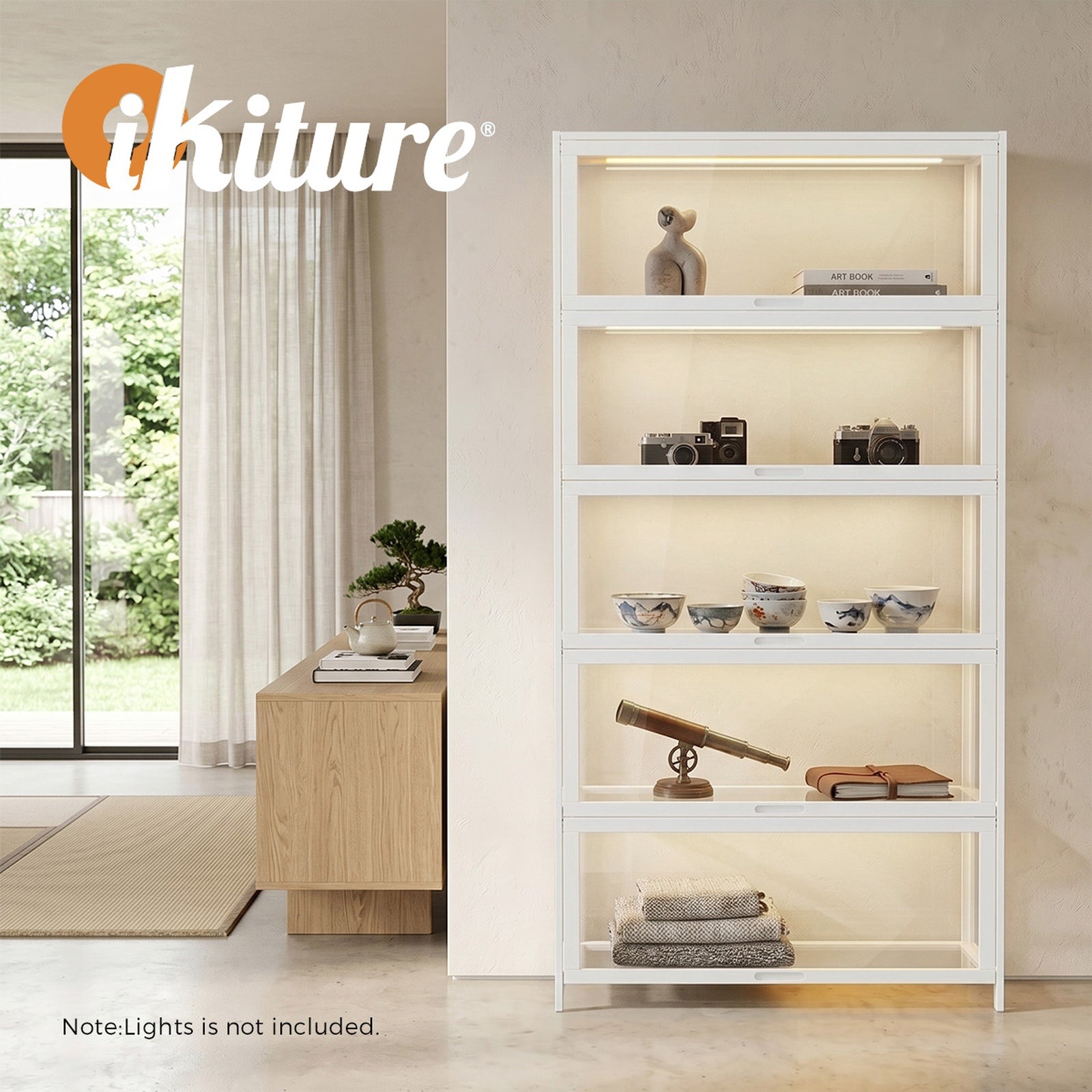 Oikiture Display Cabinet Storage 5-Tier Shelves Tall Clear Bookcase Rack