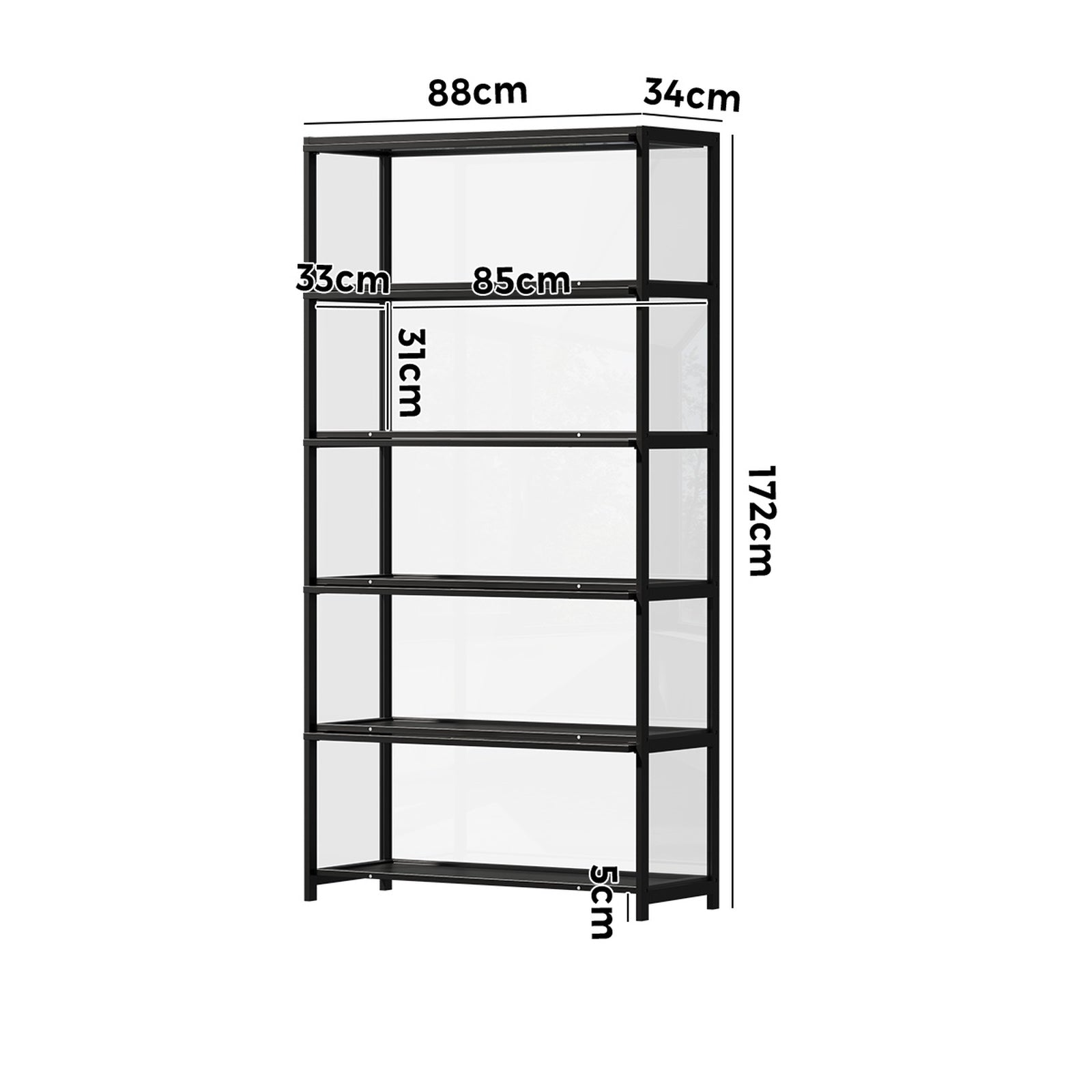 Oikiture Display Cabinet Storage 5-Tier Shelves Tall Clear Bookcase Rack