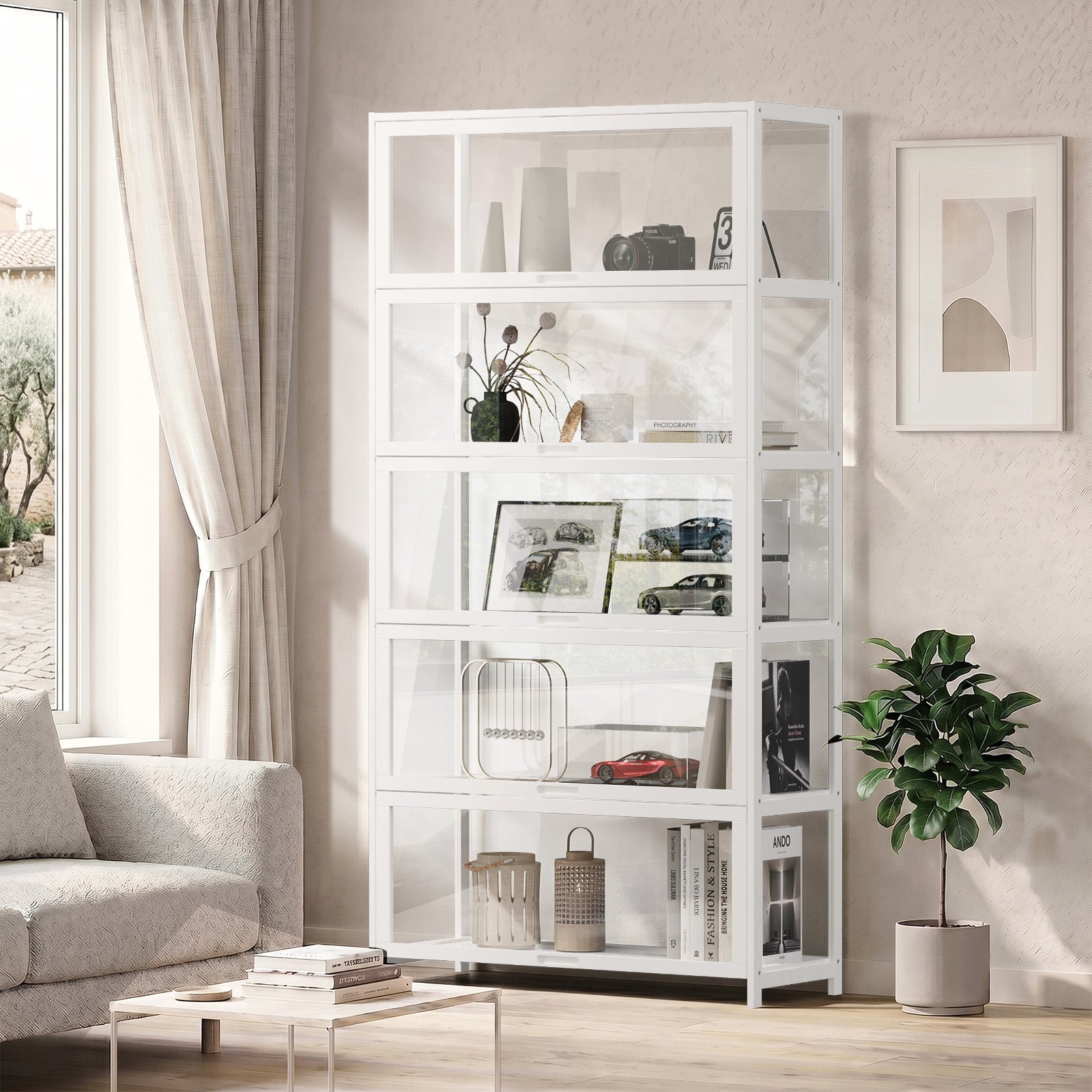 Oikiture Display Cabinet Storage 5-Tier Shelves Tall Clear Bookcase Rack