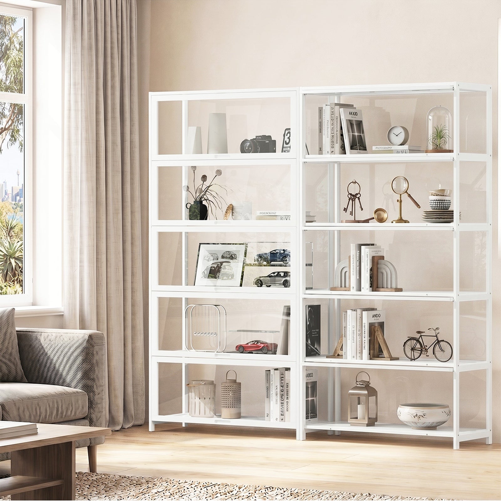 Oikiture Display Cabinet Storage 5-Tier Shelves Tall Clear Bookcase Rack White