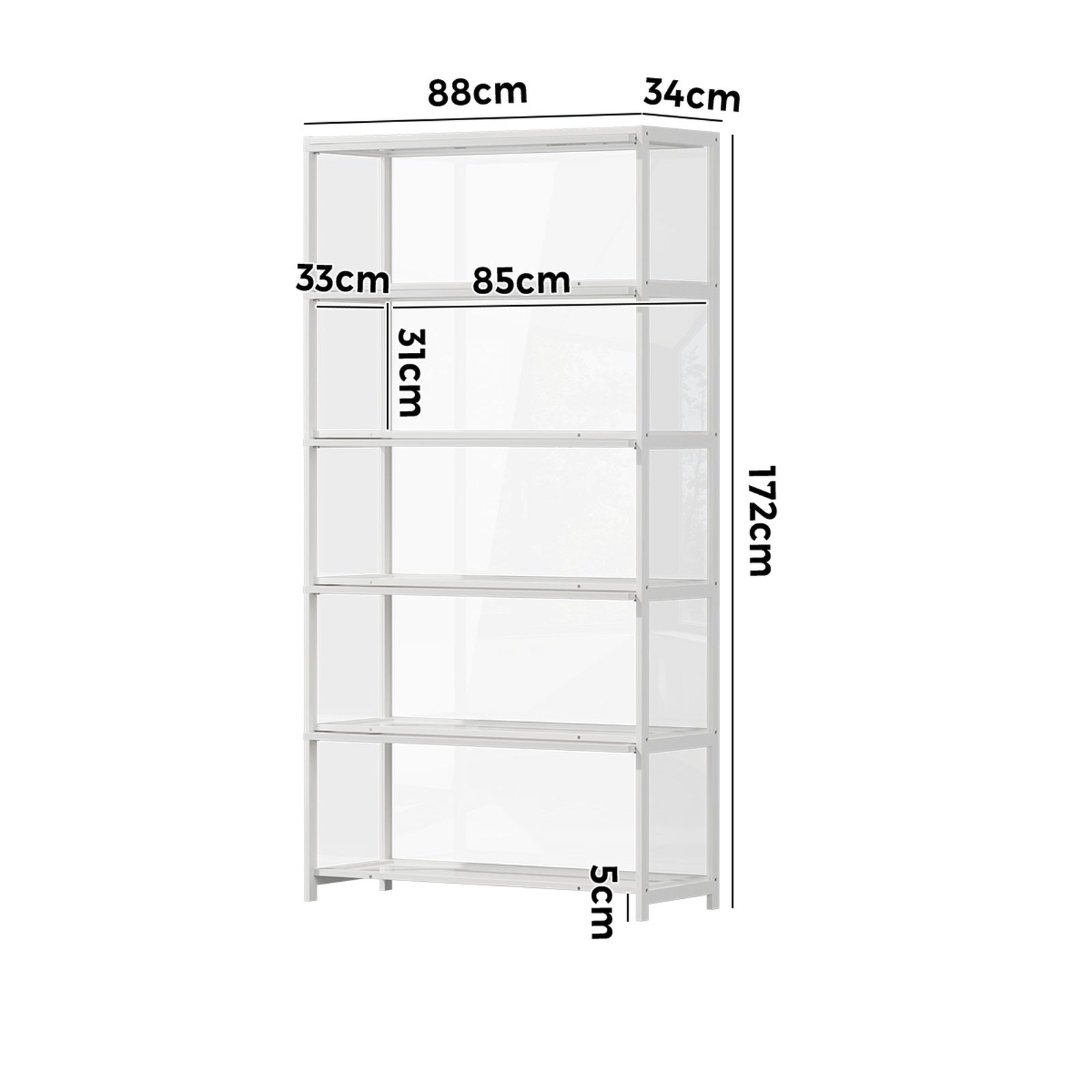 Oikiture Display Cabinet Storage 5-Tier Shelves Tall Clear Bookcase Rack White