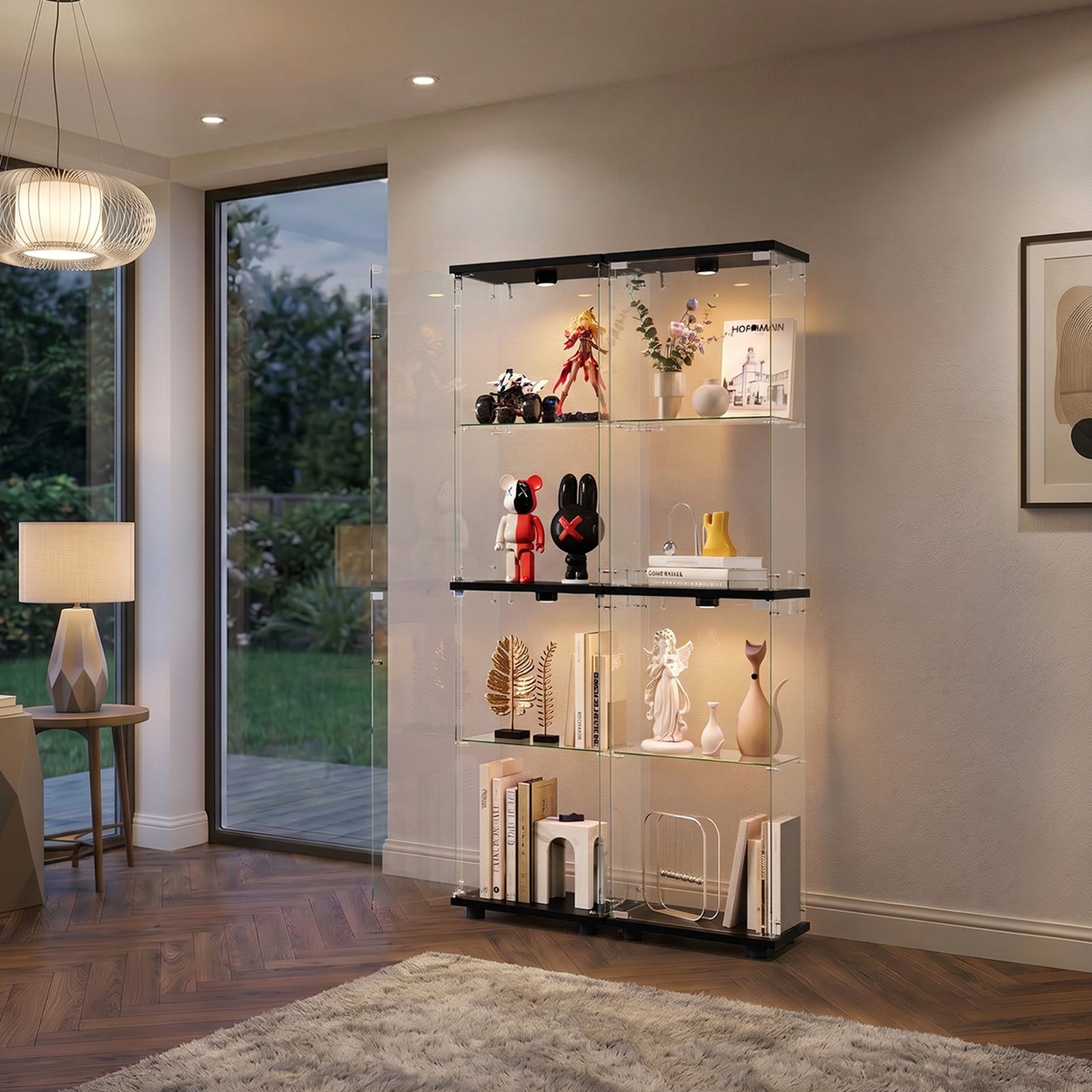 Oikiture Glass Display Cabinet 4-Tier LED Light Bookcase Clear Showcase Black