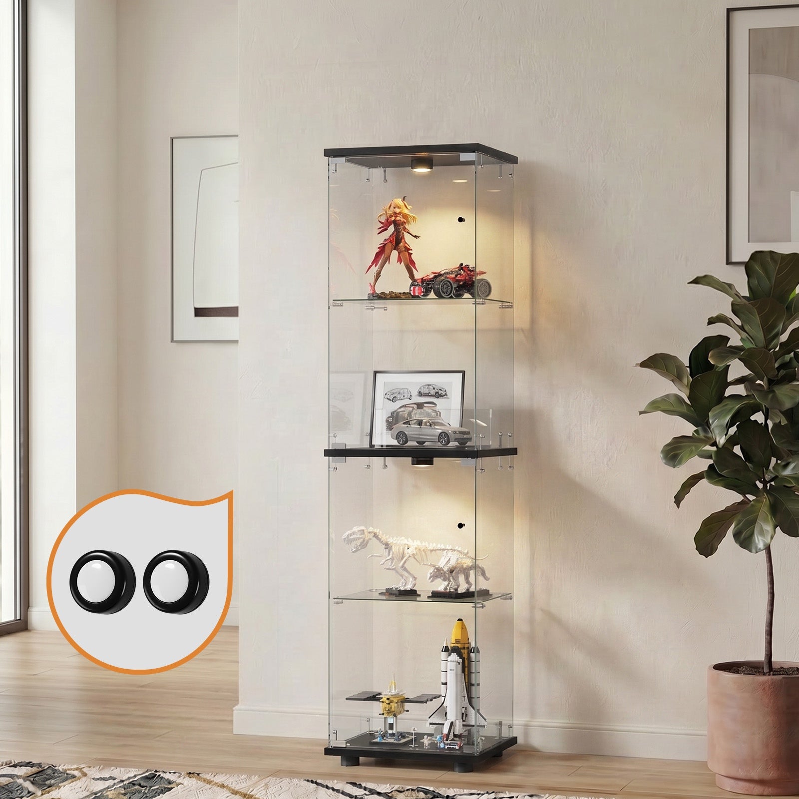 Oikiture Glass Display Cabinet 4-Tier LED Light Bookcase Clear Showcase Black
