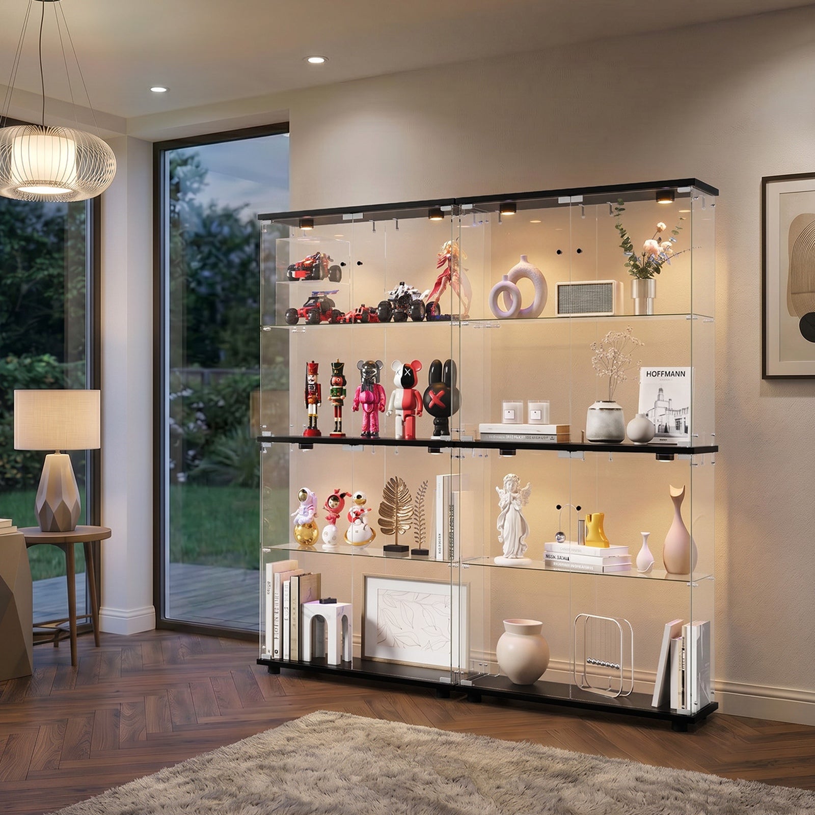 Oikiture Glass Display Cabinet 4-Tier LED Light Bookcase With 2 Doors Black