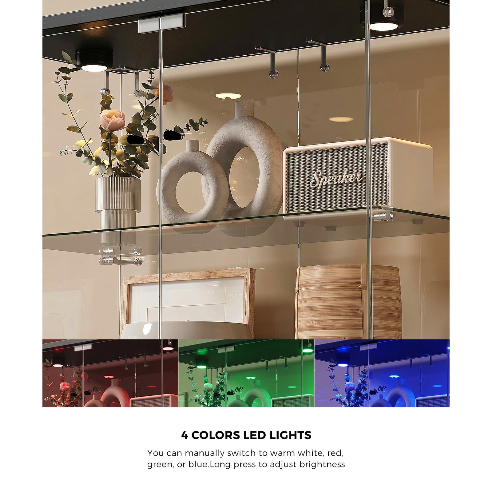 Oikiture Glass Display Cabinet 4-Tier LED Light Bookcase With 2 Doors Black
