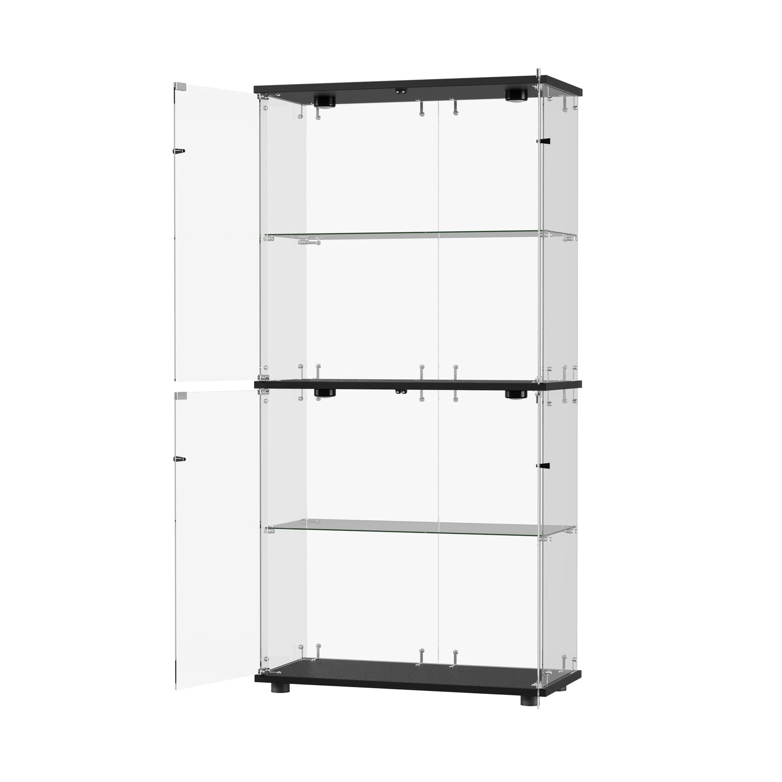 Oikiture Glass Display Cabinet 4-Tier LED Light Bookcase With 2 Doors Black