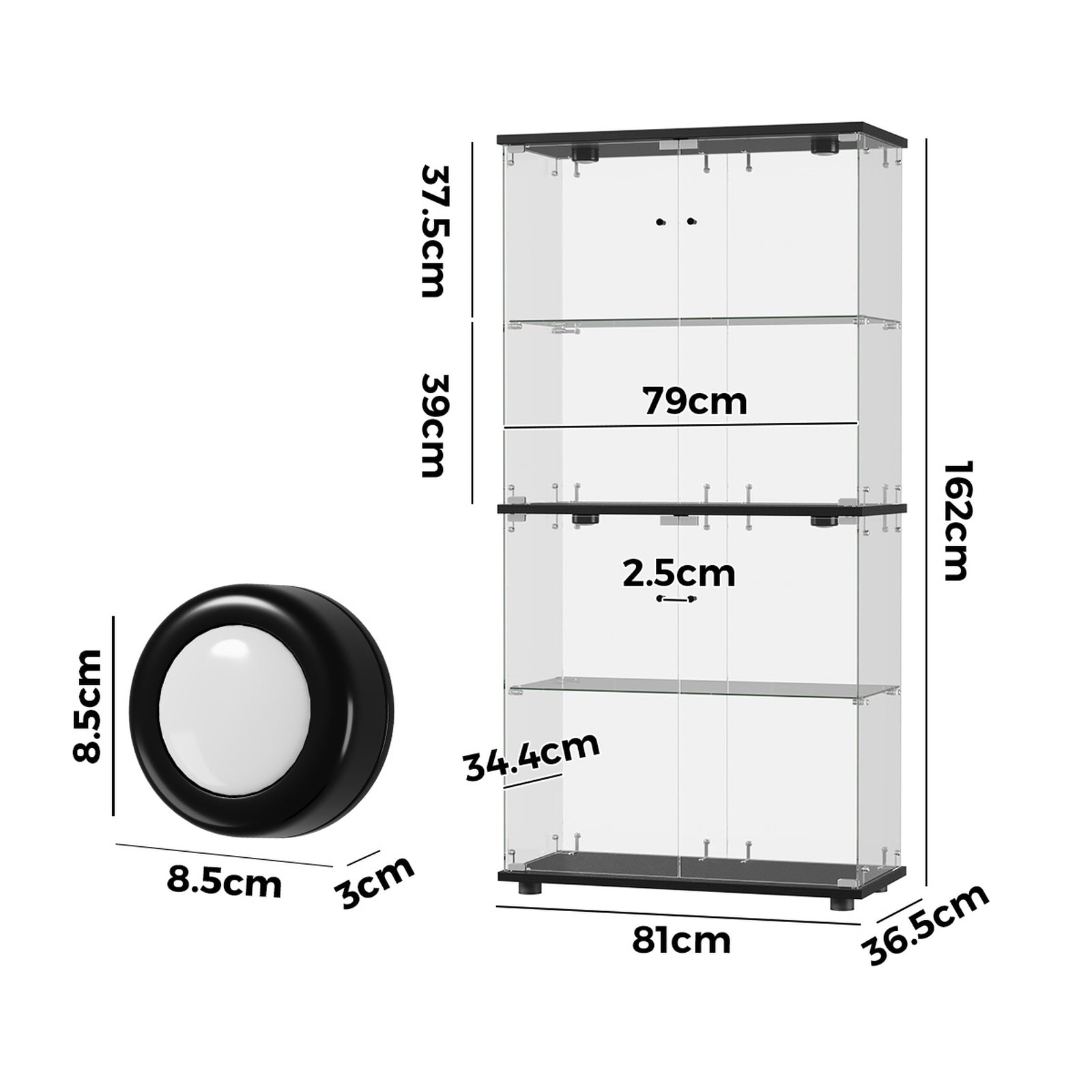 Oikiture Glass Display Cabinet 4-Tier LED Light Bookcase With 2 Doors Black