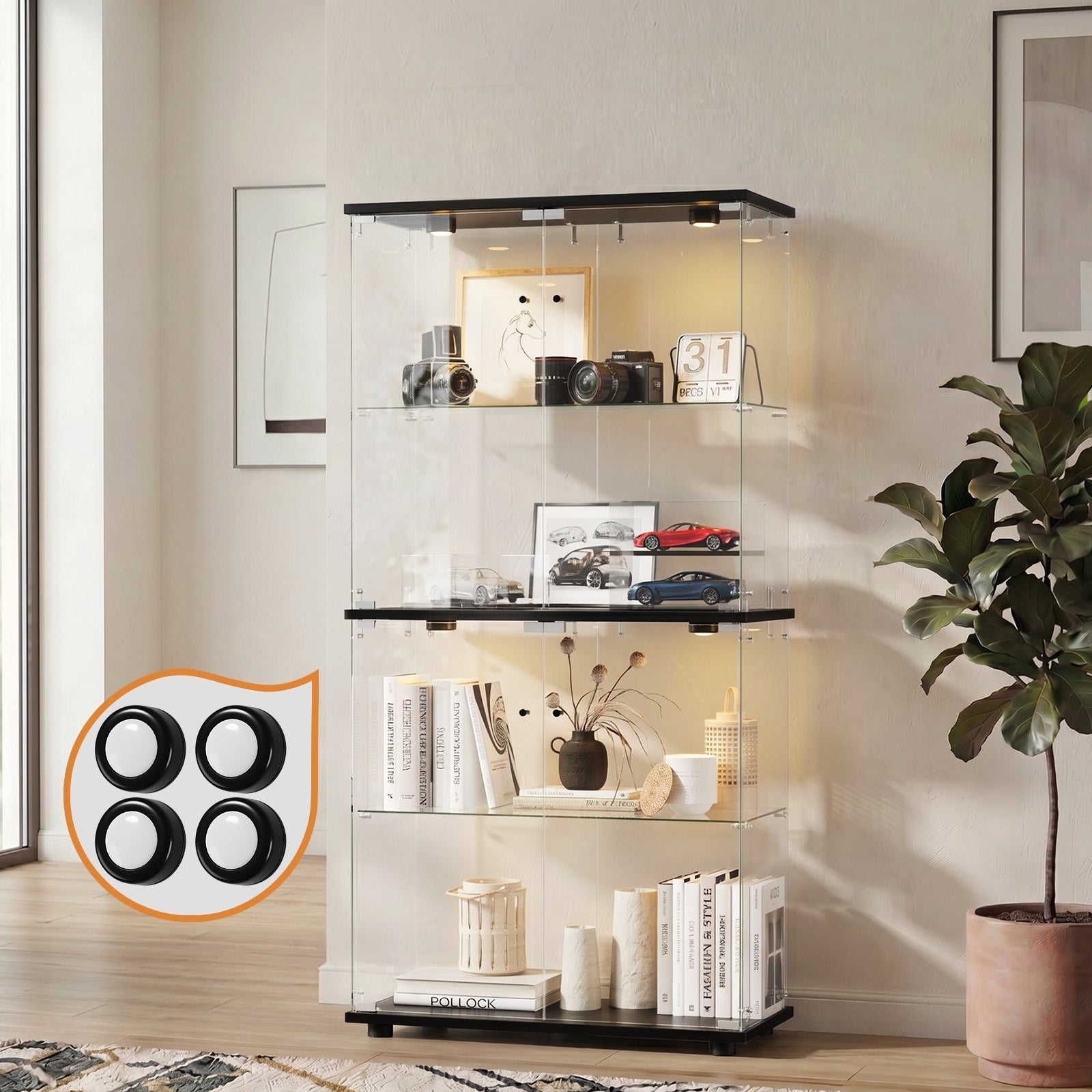 Oikiture Glass Display Cabinet 4-Tier LED Light Bookcase With 2 Doors Black