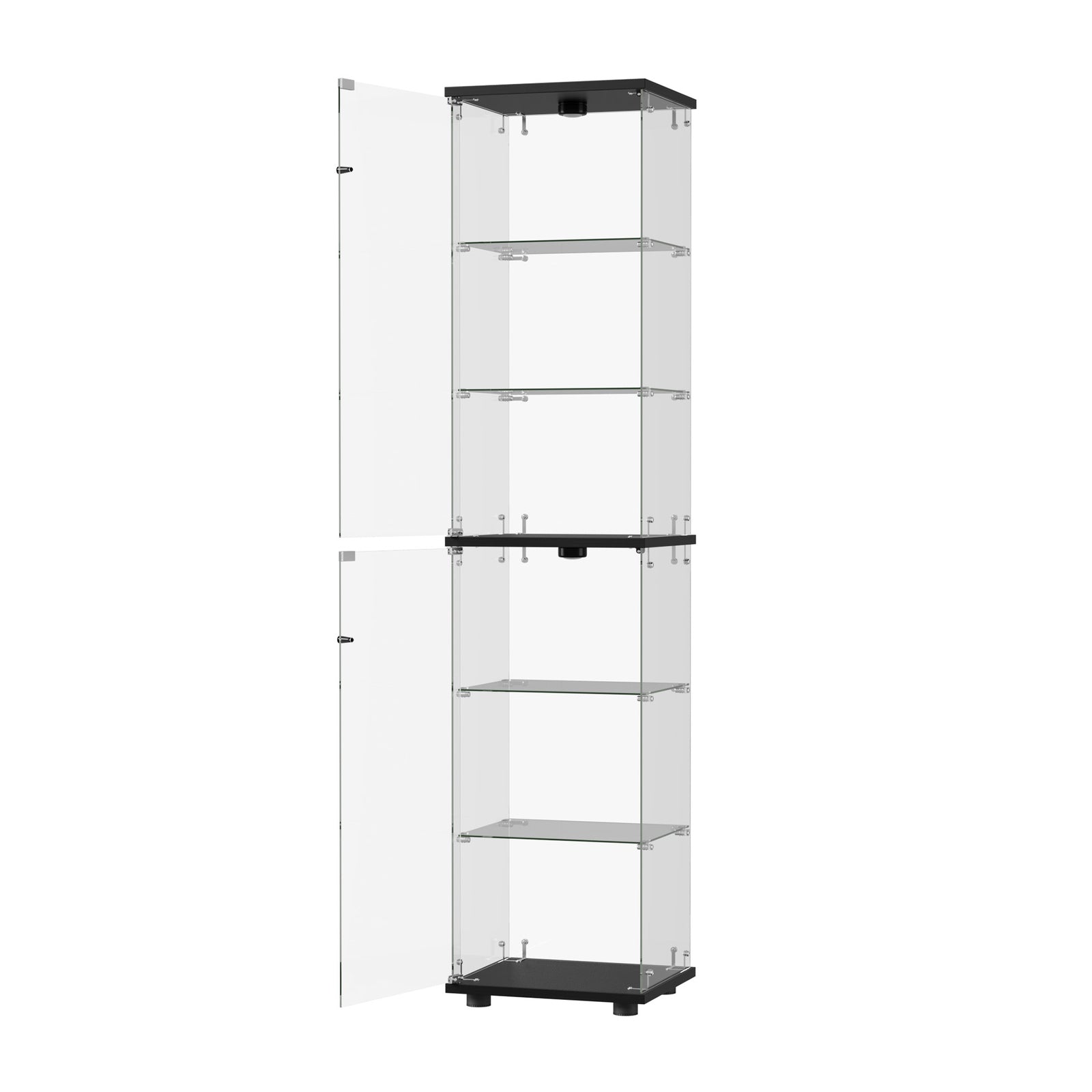 Oikiture Glass Display Cabinet 6-Tier LED Light Bookcase Clear Showcase Black