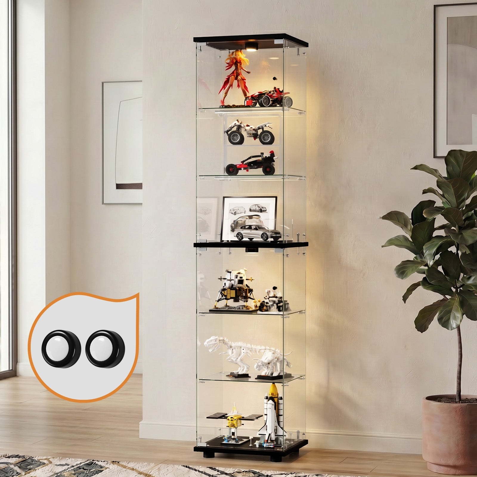 Oikiture Glass Display Cabinet 6-Tier LED Light Bookcase Clear Showcase Black