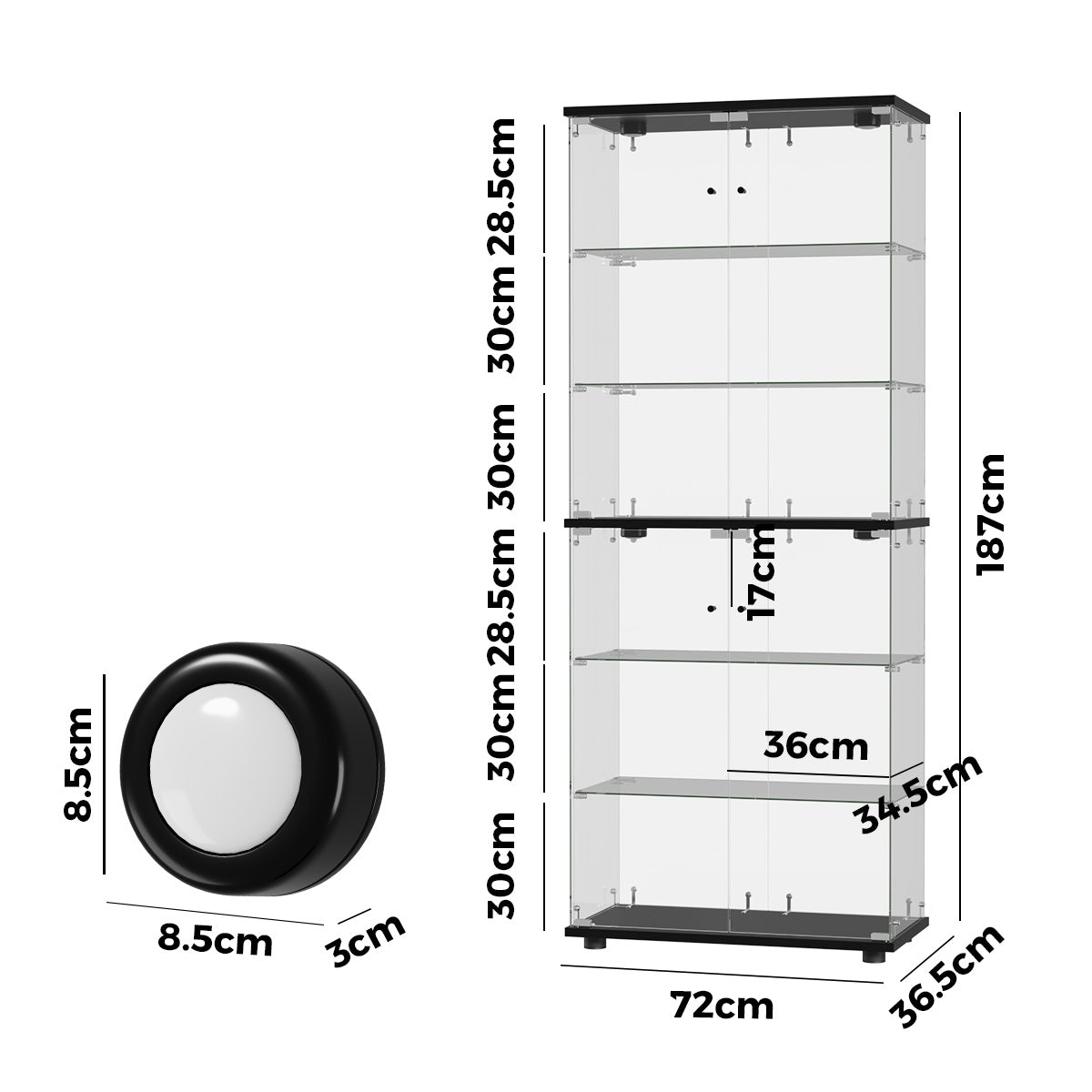 Oikiture Glass Display Cabinet 6-Tier LED Light Bookcase With 2 Doors Black