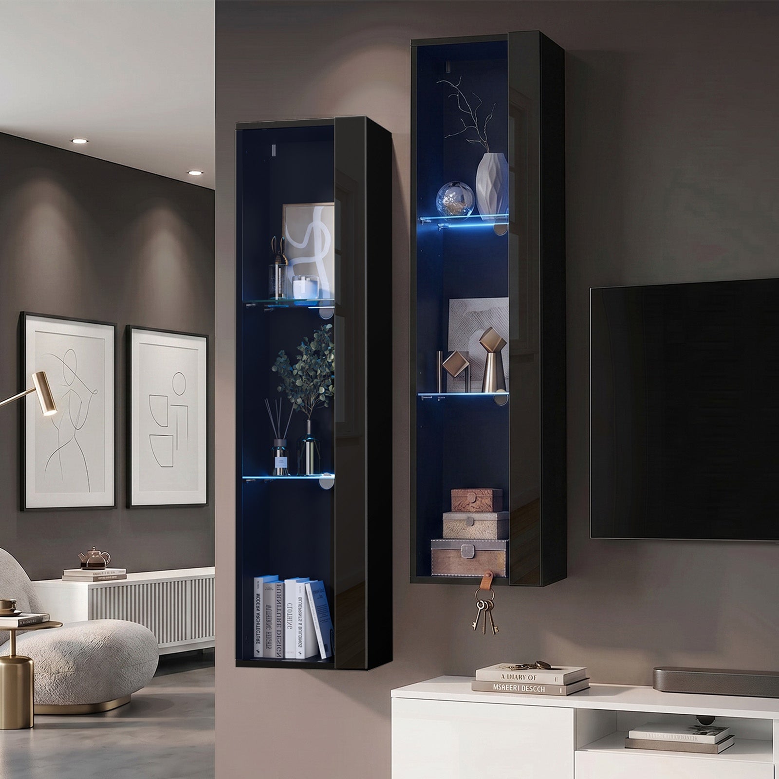 Oikiture 2PCS LED Display Cabinet Wall Mounted Storage Cupboard Cabinet Black