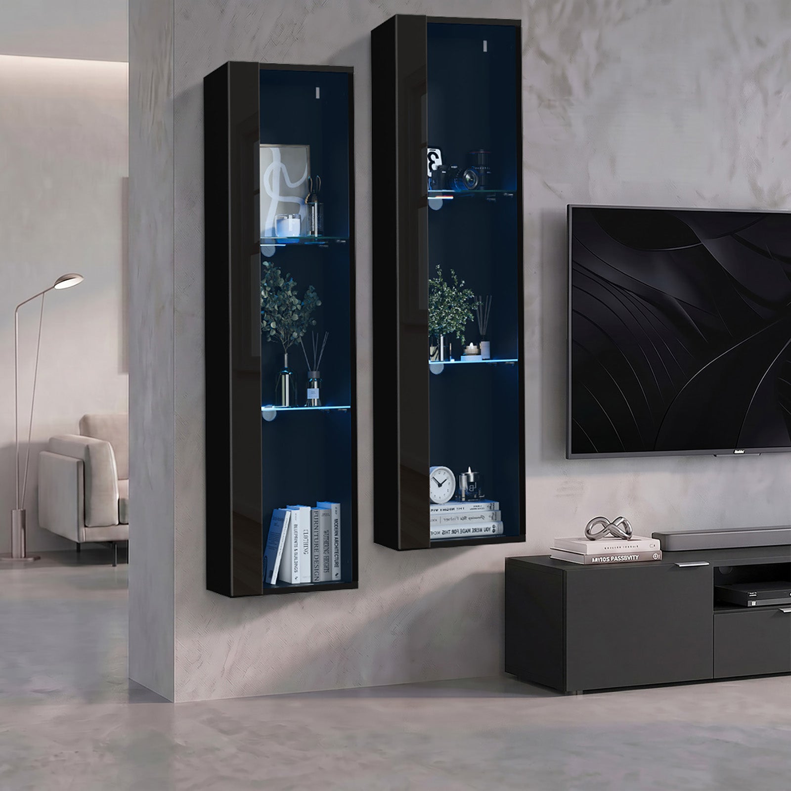 Oikiture 2PCS LED Display Cabinet Wall Mounted Storage Cupboard Cabinet Black