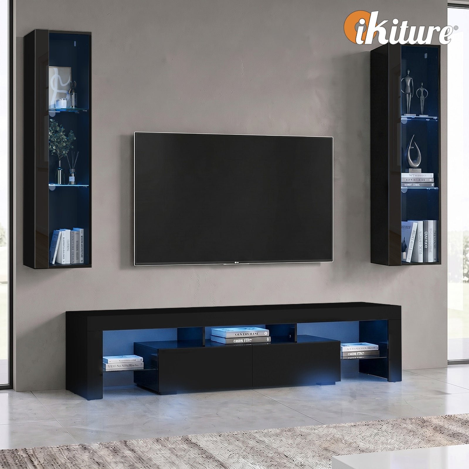 Oikiture 2PCS LED Display Cabinet Wall Mounted Storage Cupboard Cabinet Black